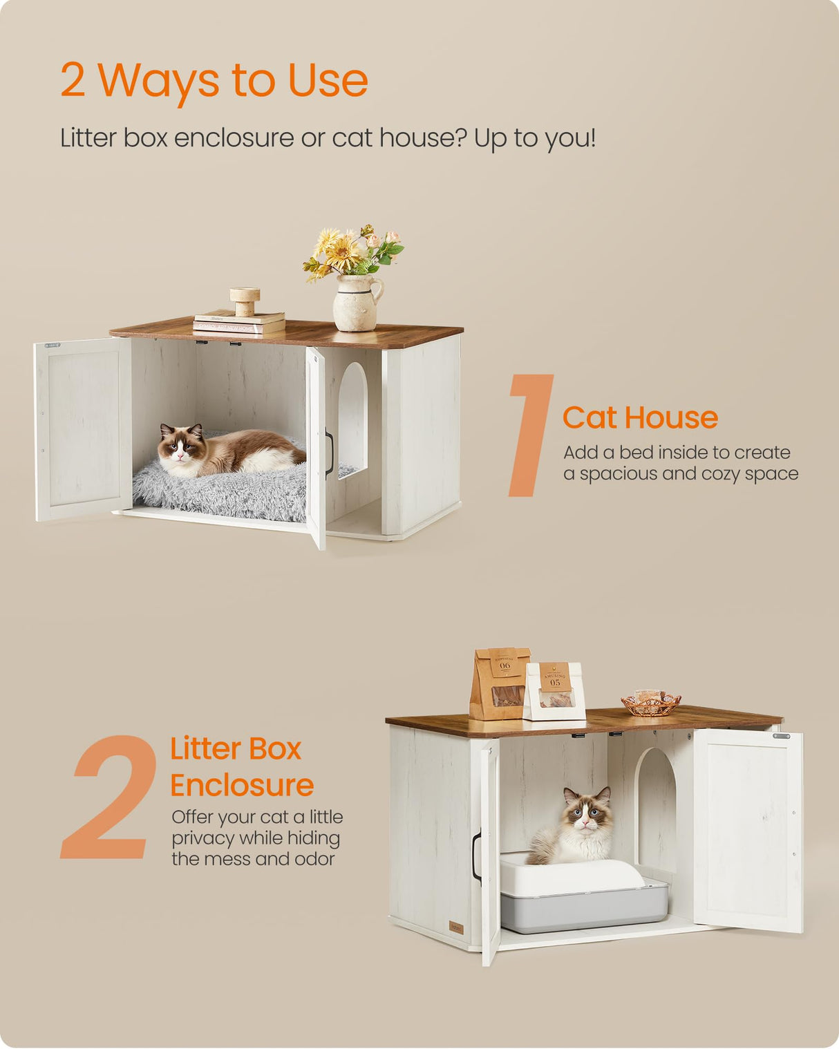 Feandrea Litter Box Enclosure, Modern Cat Litter Box Furniture Hidden, Front Entry, Double Doors, Handles, Cat House, Side End Table, 33.5 x 19 x 19.5 Inches, Honey Brown and Rustic White UPCL012K01 Feandrea