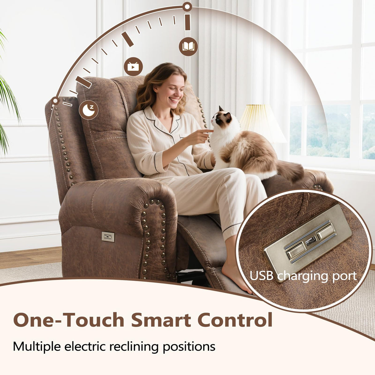 ANJ Electric Power Recliner Chair with USB Ports, Breathable Faux Leather Oversized Recliner with Comfortable Arms, Back and Headrest, Single Sofa for Living Room, Nut Brown ANJ