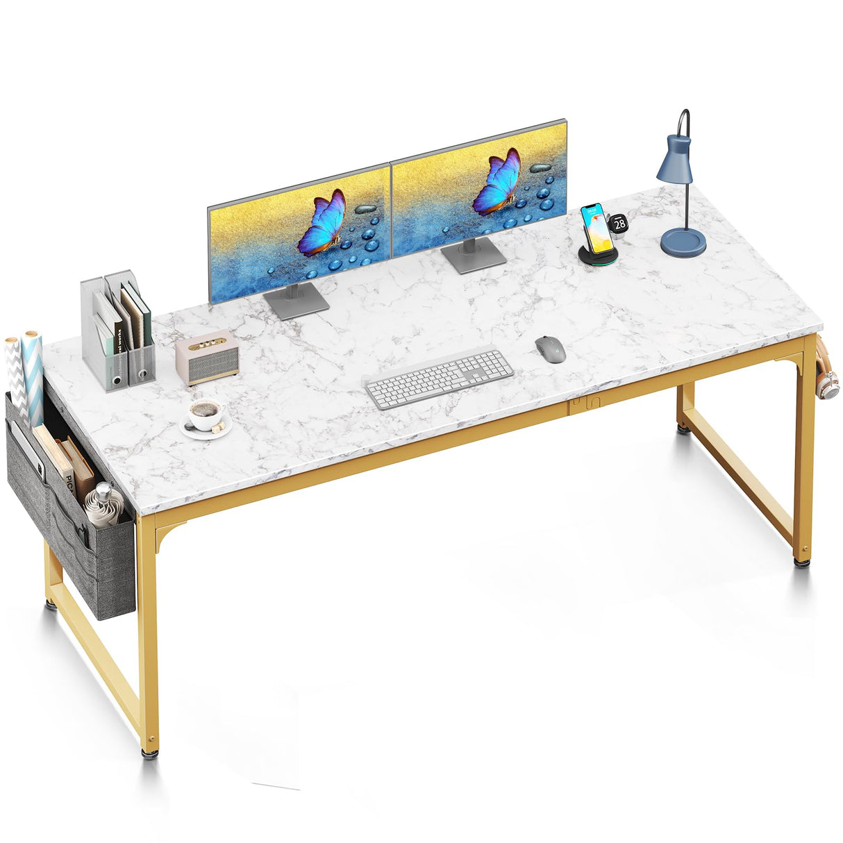 ODK Computer Desk Large Office Desk, 63 Inch Gaming Desk with Storage, Modern PC Desk Work Table with Headphone Hook for Home Office, Splice Board, White Marble + Gold Leg ODK
