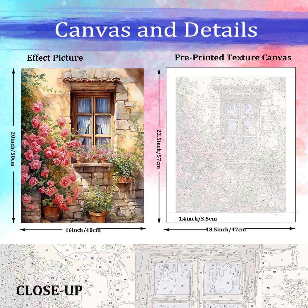 JUJUHOOD Windows Roses Paint by Numbers Kit for Adults,Flower Adult Paint by Number Kits,DIY Acrylic Paint by Number on Canvas for Home Wall Decor 16X20 Inch JUJUHOOD