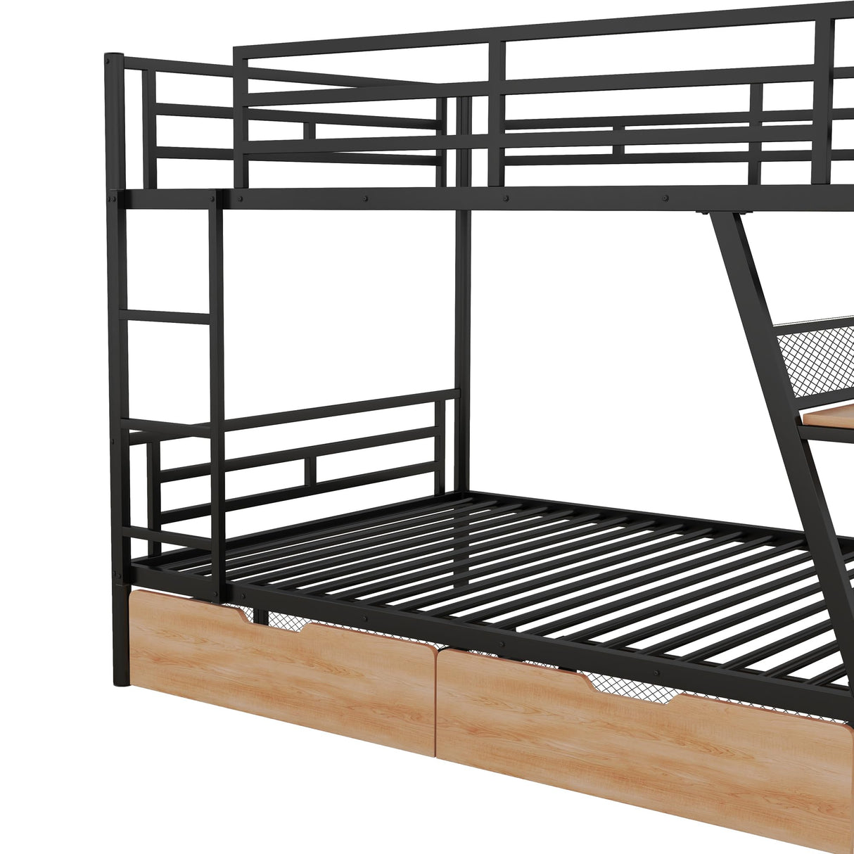 Flieks Bunk Bed, Full Over Full Metal Bunk Bed Frame with Built-in Desk, Light, 2 Drawers, Safety Guard Rails and Ladder, Heavy-Duty Steel Frame Bunk Bed for Kids Teens Adults (Black) Flieks