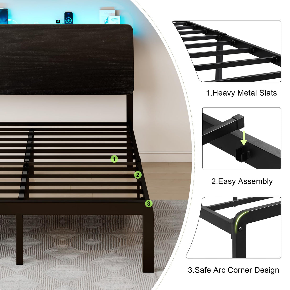 Feonase Queen Bed Frame with Ergonomic Storage Headboard & Charging Station, LED Platform Bed Frame, Heavy Duty Metal Slats, Easy Assembly, Black Feonase