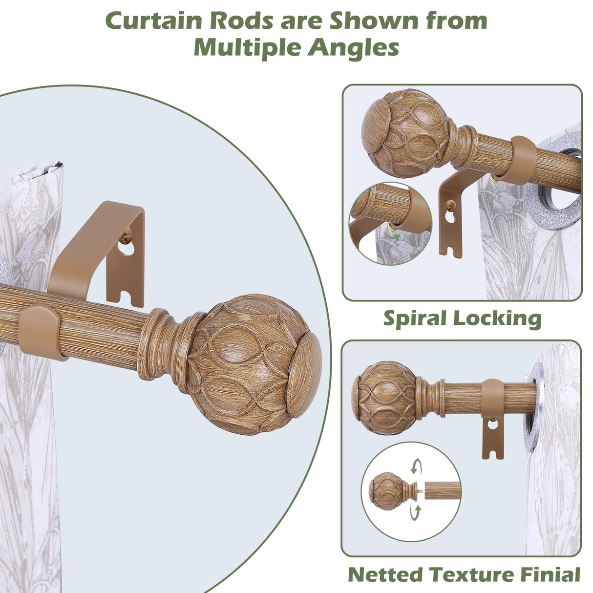 HTZON Wood Curtain Rods 48 to 84 Inch,1 Inch Adjustable Curtain Rod,Netted Wooden Window Curtains Rods,Farmhouse Rustic Heavy Duty Curtain Rods,Brown Wood Grain Decorative Single Drapery Rods 36-88" HTZON