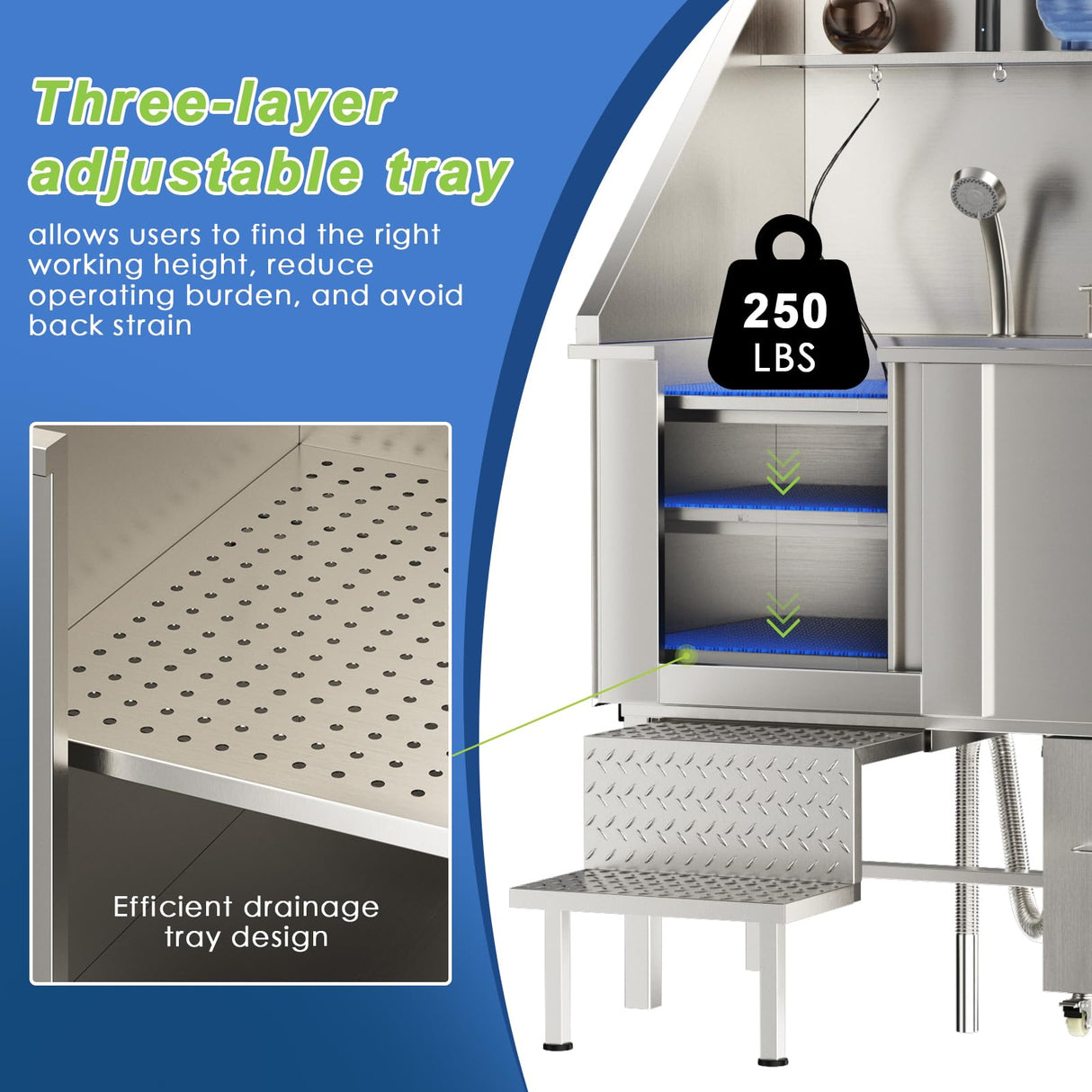 ROOMTEC 304 Stainless Steel Dog Washing Station, 50 Inch Professional Dog Grooming Tub, Pet Bathtub with Sink, Storage Drawer,Ladder ROOMTEC