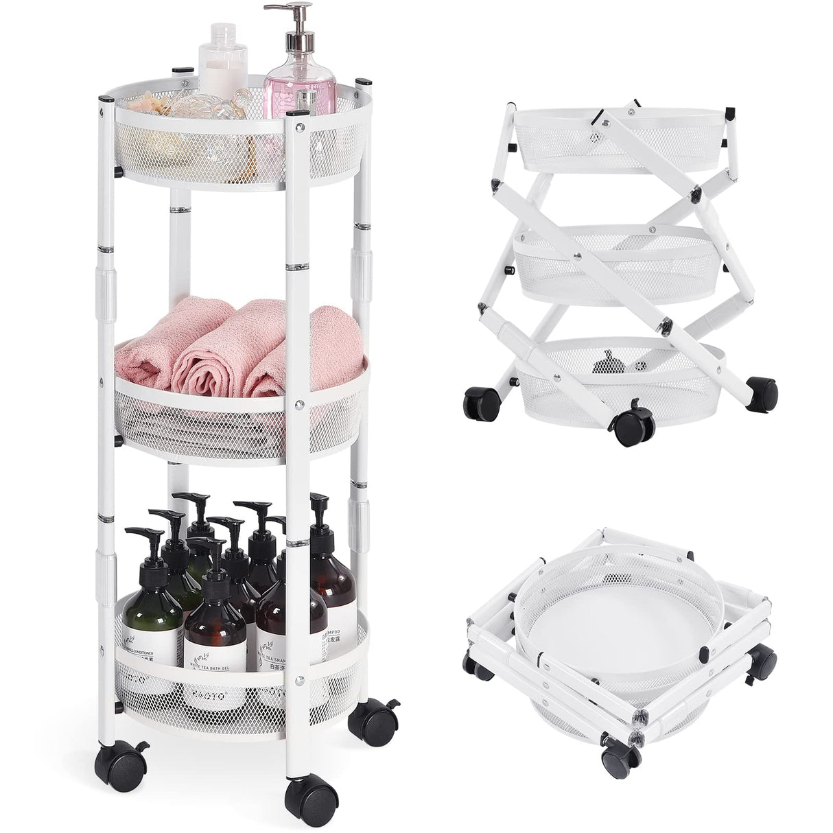 TOOLF 3-Tier Metal Storage Rolling Cart, Collapsible Utility Cart, No Assemble, Multifunction Serving Organizer Trolley with Lockable Wheels for Kitchen, Living Room, Bathroom,White TOOLF