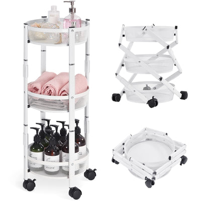 TOOLF 3-Tier Metal Storage Rolling Cart, Collapsible Utility Cart, No Assemble, Multifunction Serving Organizer Trolley with Lockable Wheels for Kitchen, Living Room, Bathroom,White