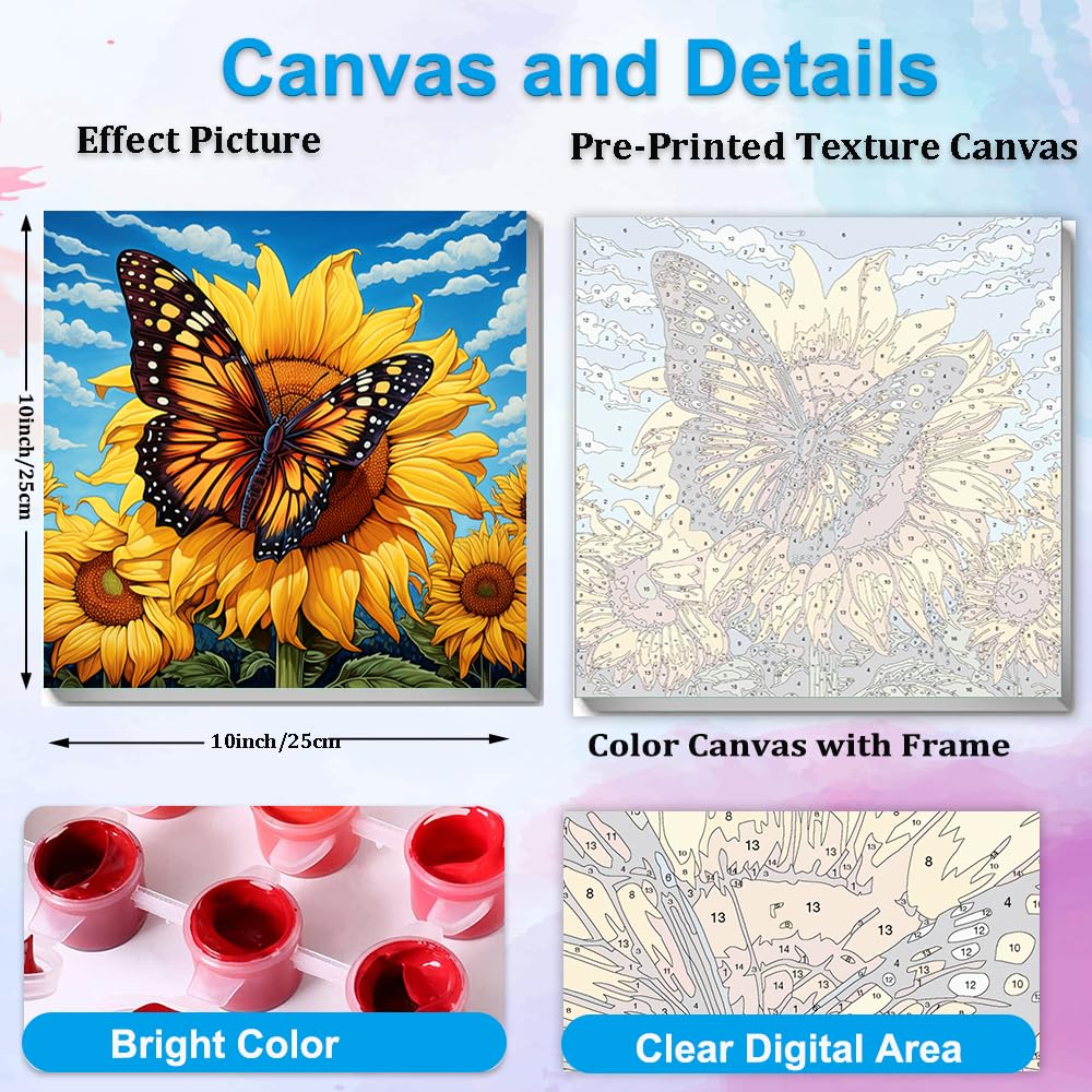 Artunion Framed Paint by Numbers Kit for Adults Beginners & Kids Ages 8-12,Sunflower Butterfly Paint by Number with Frame,Floral Paint by Numbers Kit on Canvas 10 * 10 Inch Without Easel Artunion