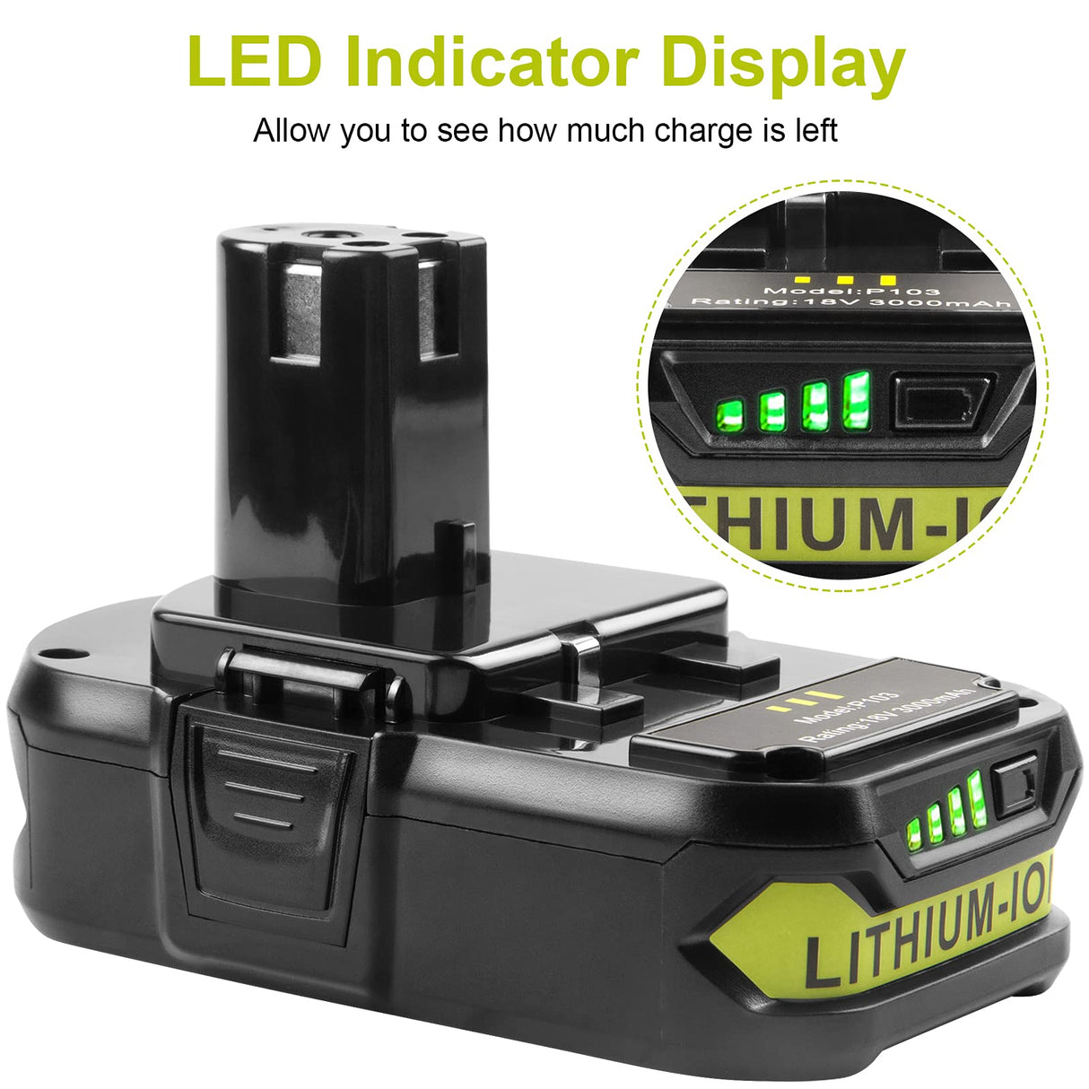 ARyee 3000mAh P108 Compatible with Ryobi Lithium Battery 18 Volt ONE+ P102 P103 P104 P105 P107 P108 P109 P190 P191 P122 with LED ARyee