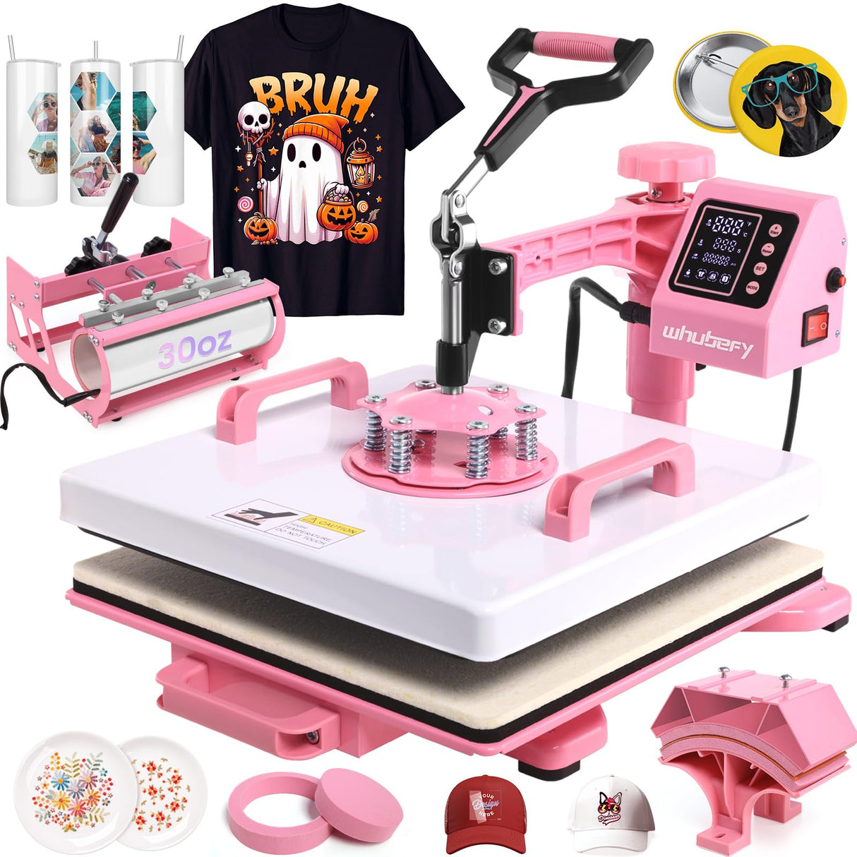 Whubefy 5 in 1 Heat Press Machine 15x15 Slide Out with 30OZ Tumbler Press, Swing Away Heat Press Machine for T Shirts Printing, 1400W Fast Heating Sublimation Shirt Press Machine for Hat Cap Mug Plate Whubefy