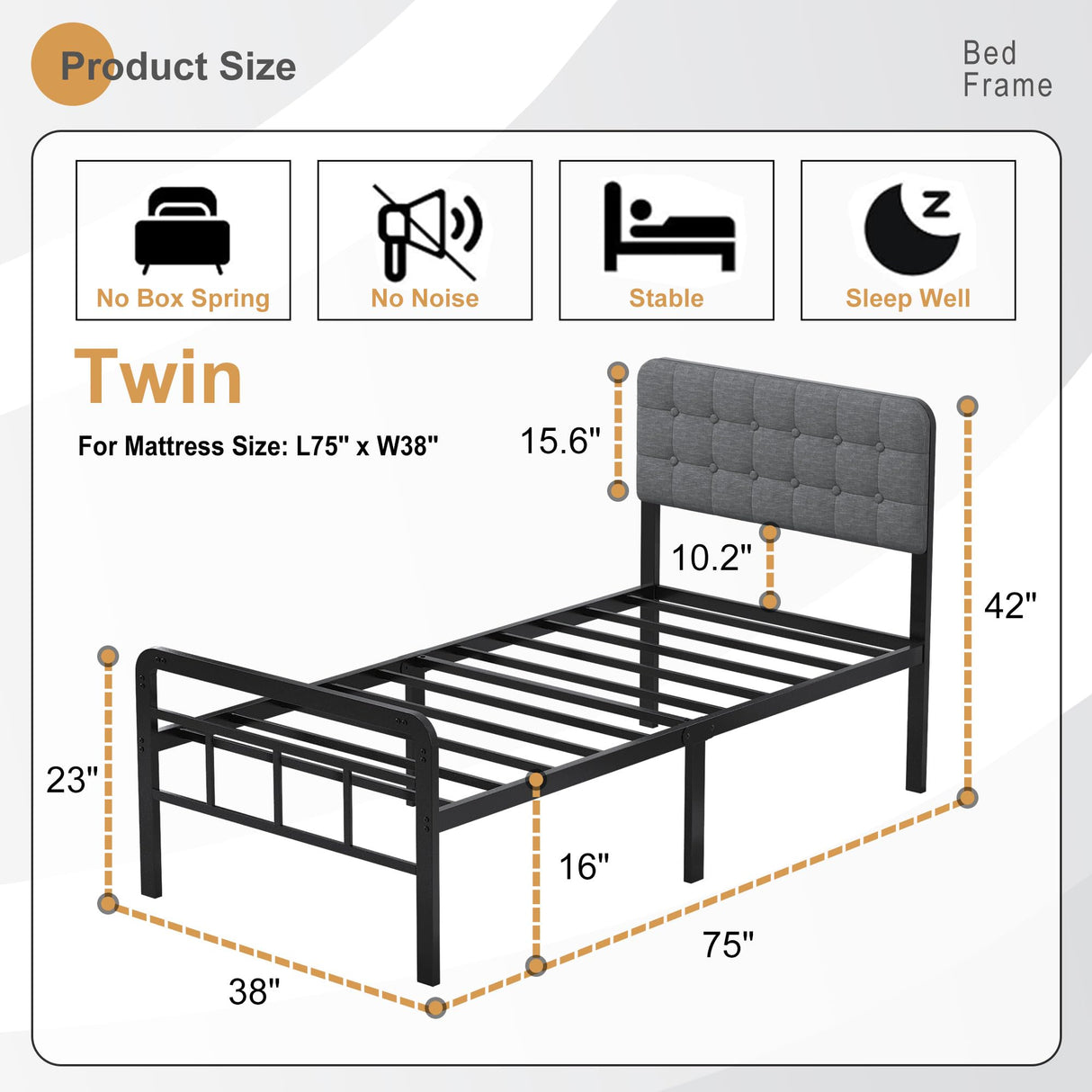 EMODA 16 Inch Twin Size Bed Frames with Upholstered Headboard and Metal Footboard, Heavy Duty Metal Slats Support Mattress Foundation, No Box Spring Needed, Easy Assembly EMODA