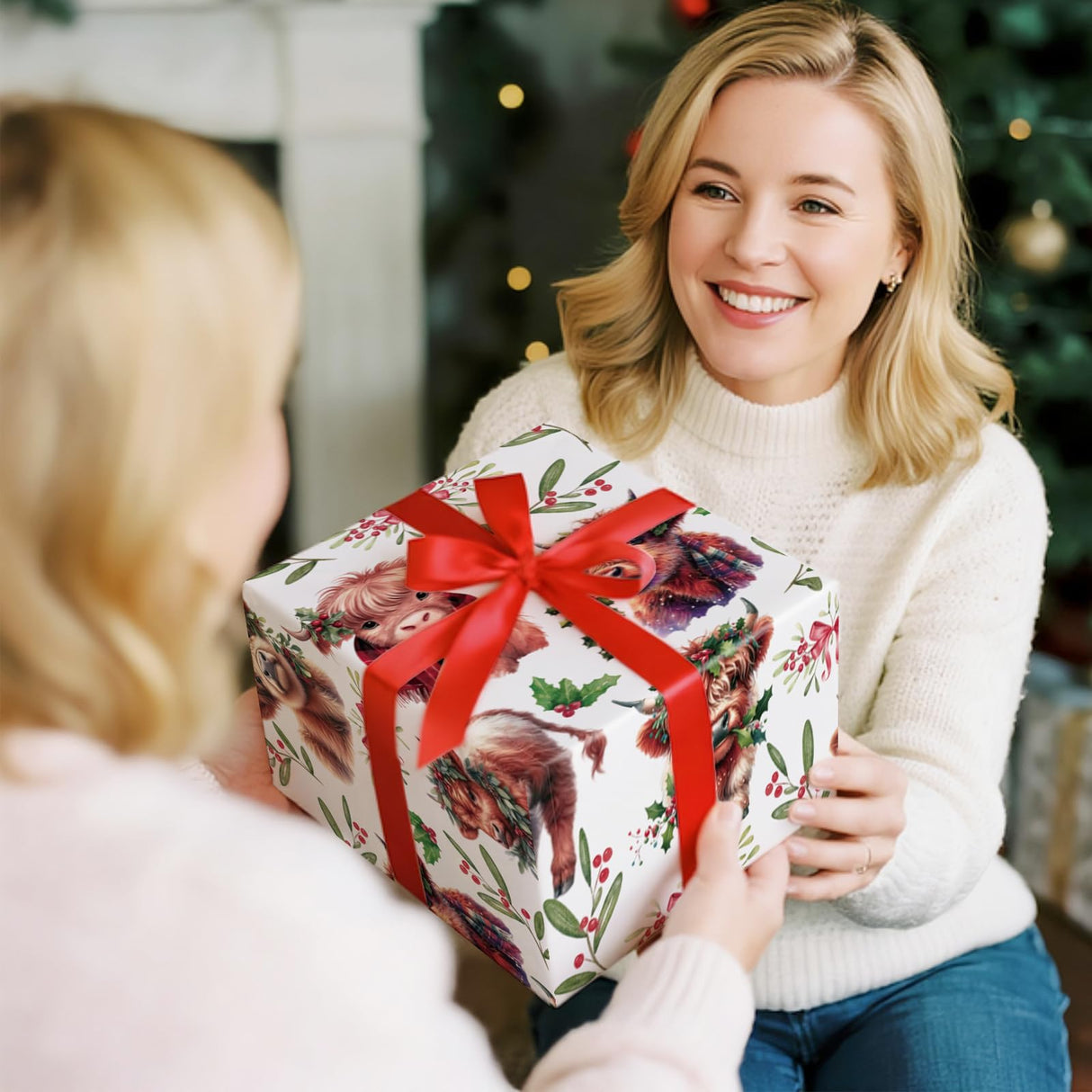RUSPEPA Christmas Cow Wrapping Paper Roll, Mini Roll, Cute Highland Cow with Wreath & Scarf, Floral and Greenery, Gift Wrap for Kids, Women, Family, Farmhouse Style Xmas Gifts, 17 Inches x 16.4 Feet RUSPEPA