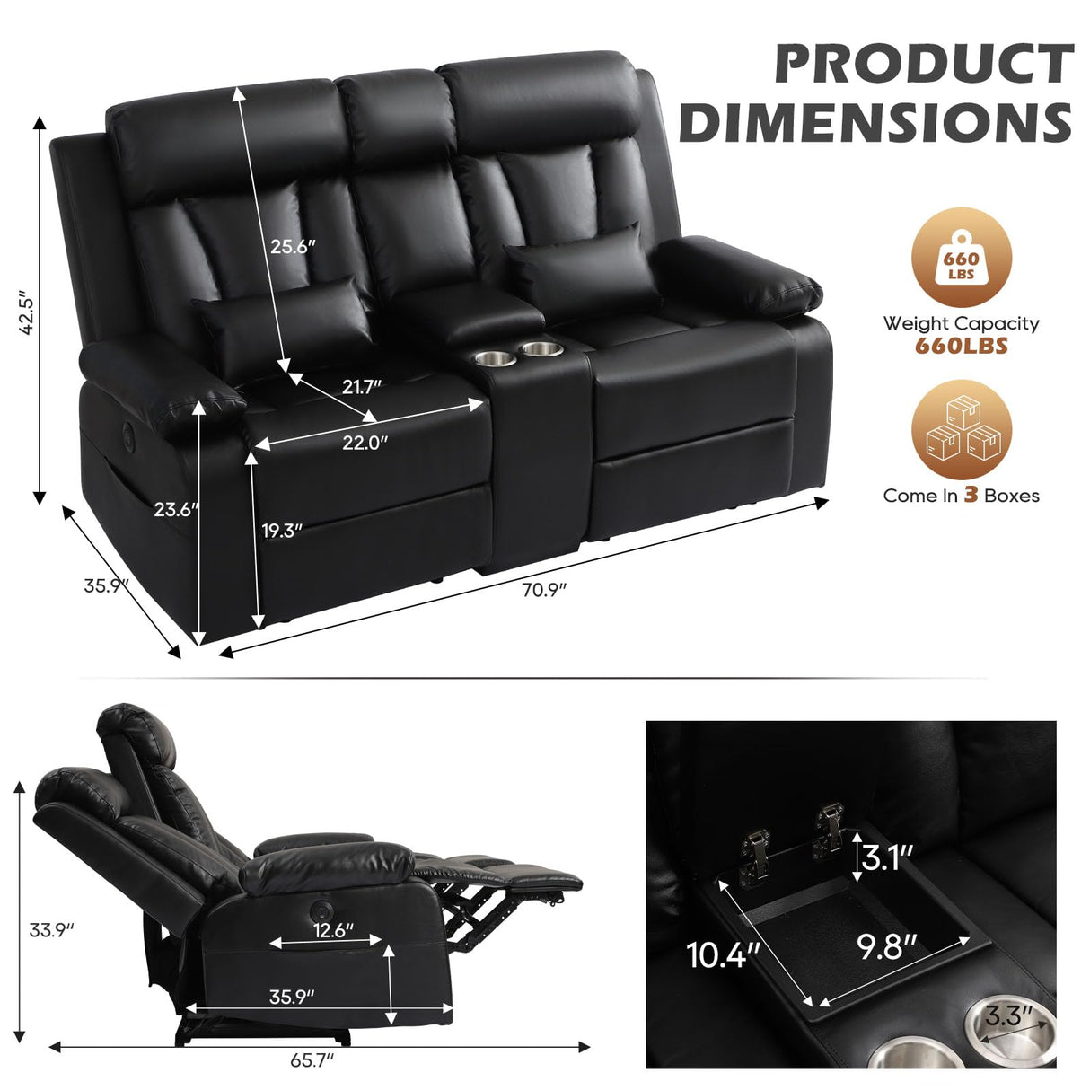 Consofa Power Reclining Loveseat with Console, Power Loveseat Recliner Sofa with Lumbar Pillow, USB,Type-c Ports, Wall Hugger Recliner Sofa with Cup Holders for Living Room(Black, Loveseat) Consofa
