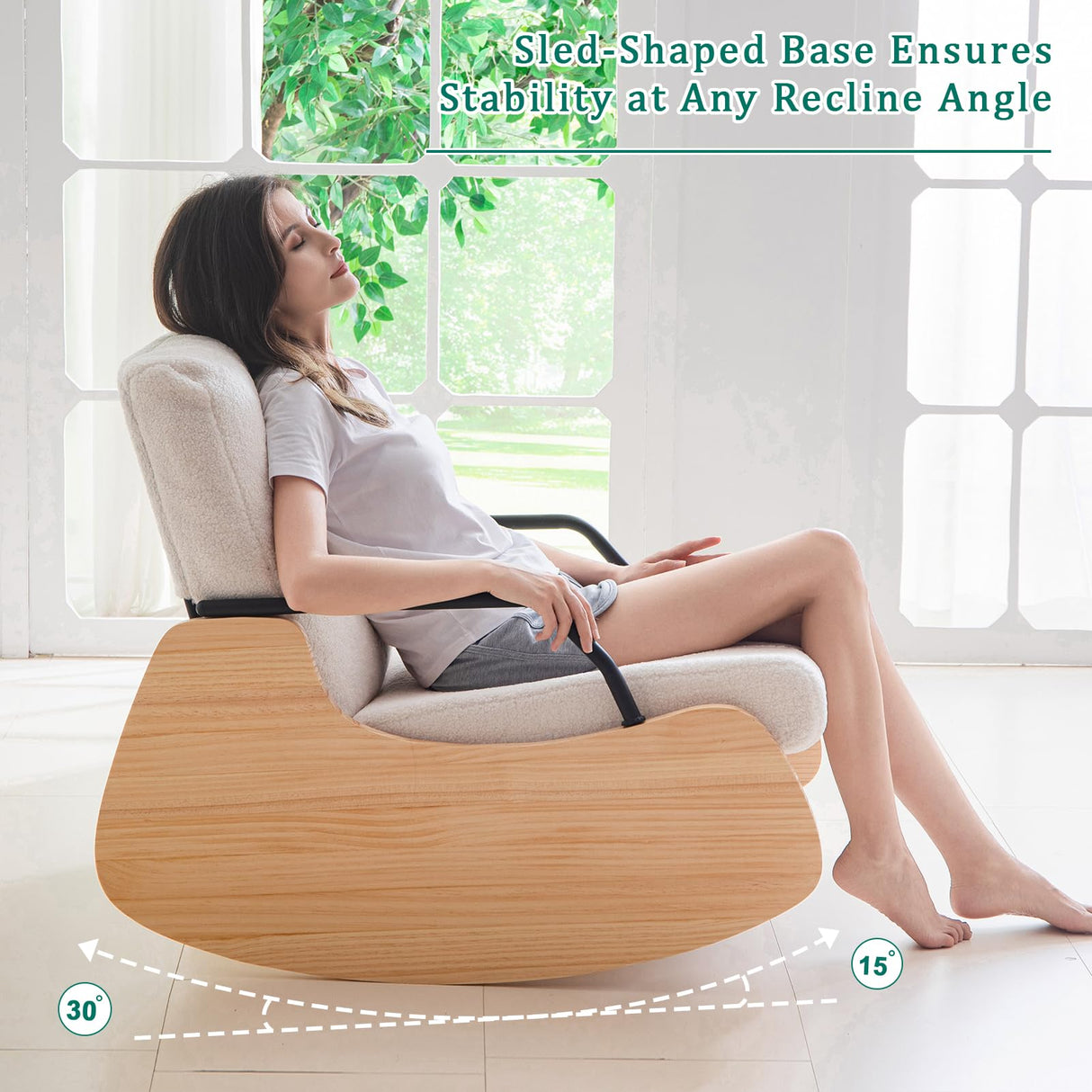 YOSHOOT Indoor & Outdoor Patio Rocking Chair, Outdoor Glider Recliner Chair, Wooden Boucle Rocking Chair, Outdoor Rocker Chair, Adjustable Backrest, for Outdoor Living Room Bedroom Office Garden YOSHOOT