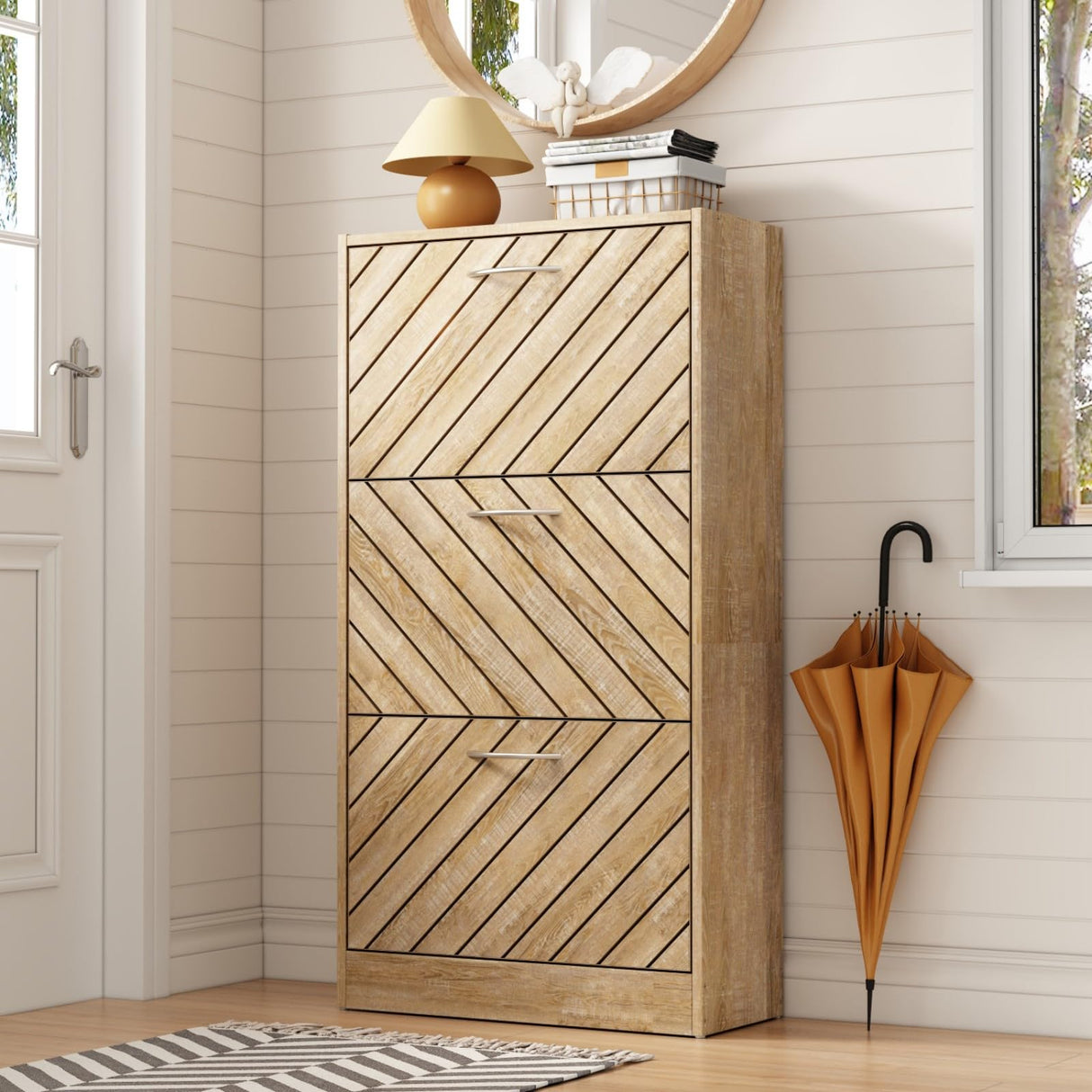 JOIKUJIA Shoe Cabinet with 3 Flip Drawers, Narrow Shoe Storage with Adjustable Shelf, Small Shoe Organizer Rack, Slanted Pattern, for Entryway Brown Wood Grain, 22.4”W x 9.4”D x 42.3”H JOIKUJIA