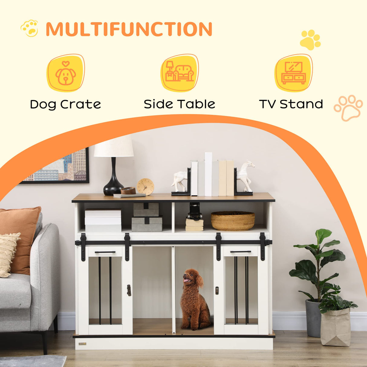PawHut Dog Crate Furniture for Large Dogs or Double Dog Kennel for Small Dogs with Shelves, Sliding Doors, 47" x 23.5" x 35", White PawHut