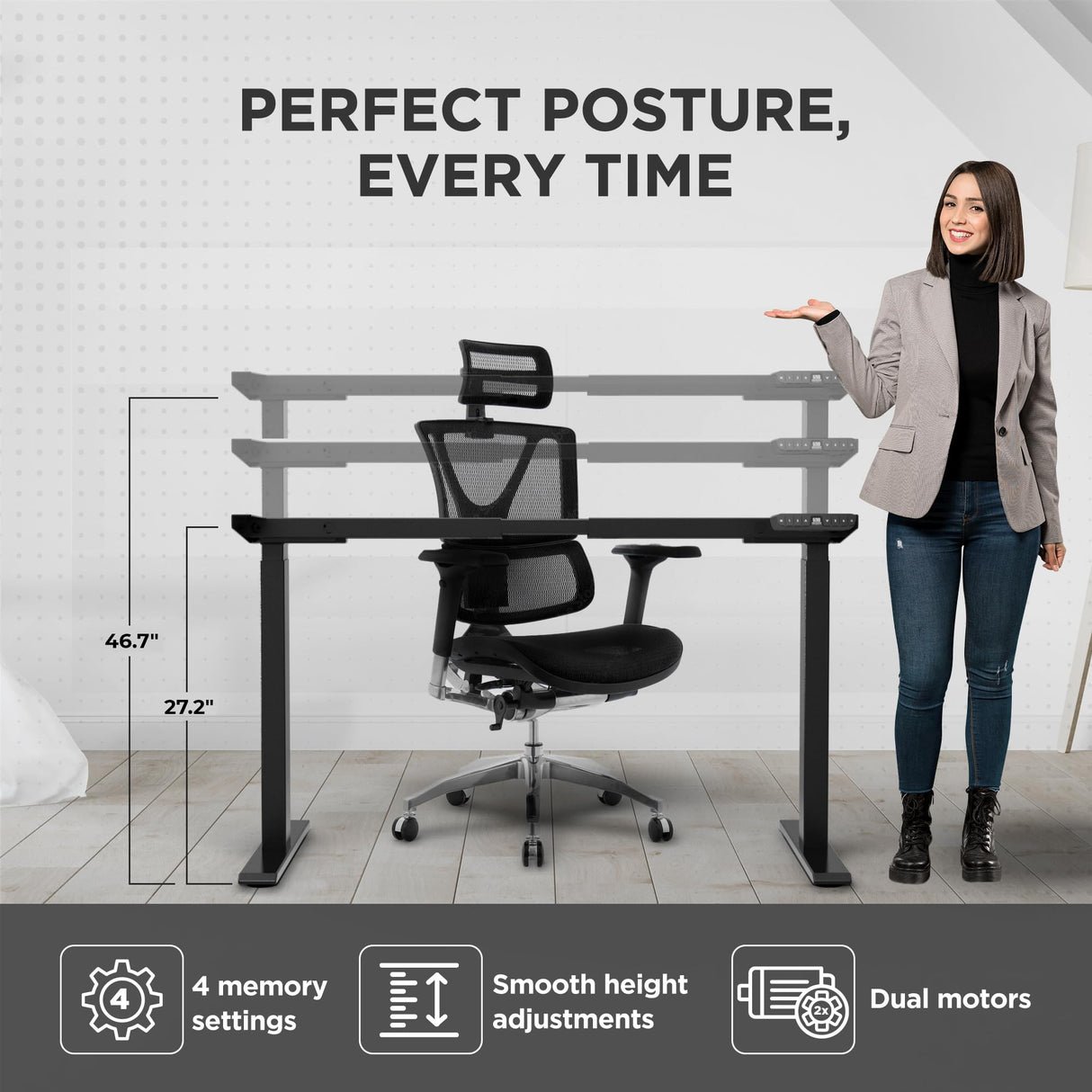 Rise Up Dual Motor Electric Standing Desk Adjustable Height Desk 60x30 Large Computer Standing Desk, Sit Stand Up Desk Raising Desk, Home Office Desk Uncaged Ergonomics