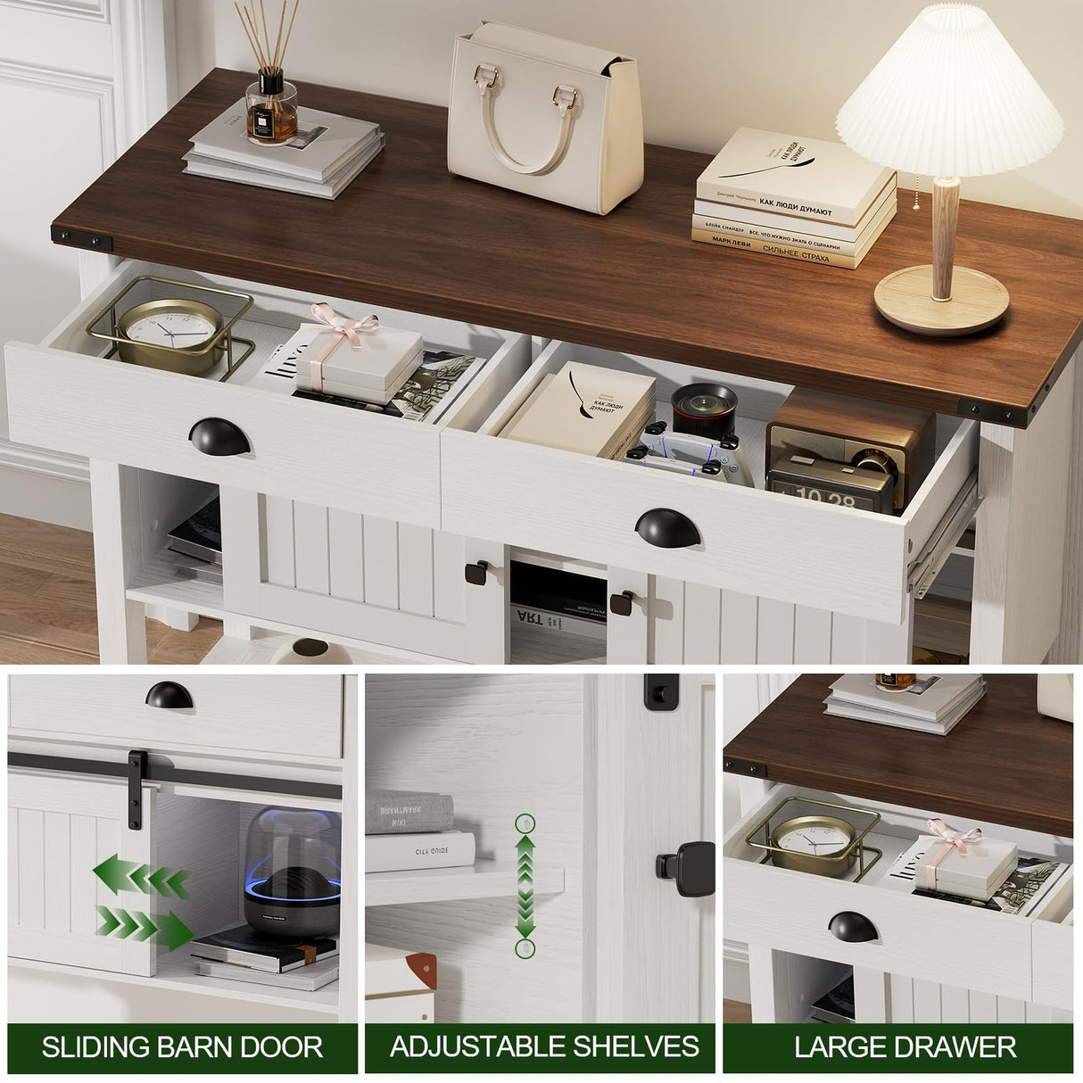 AntsandAnts Farmhouse Entryway Table with Sliding Barn Doors & 2 Drawers,Rustic Console Table for Living Room, Hallway, Foyer,Sofa Table with Adjustable Shelf & Open Storage, Industrial Design AntsandAnts