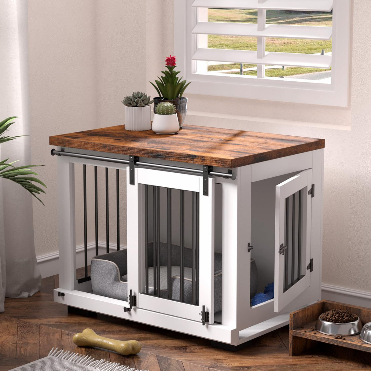 Zakkart Dog Crate Furniture Barn Door for Medium Dogs Up to 40 lbs. - Puppy Kennel w/Thickened Farmhouse Top & Steel Bars - 30'' Wide - White Decorative Modern Dog Crate Table, End Table, Nightstand Zakkart