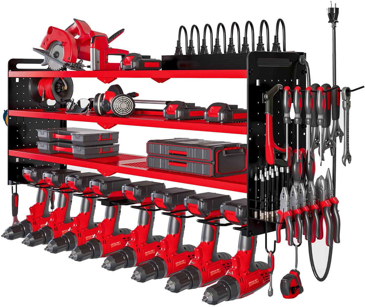 NattyDot Power Tool Organizer Wall Mount with Charging Station,Cordless Tool Organizer 8 Drill Holder, 4 Layer Storage Rack for Garage Organization,Tool Holder with 8 Outlet Power Strip (Red) NattyDot