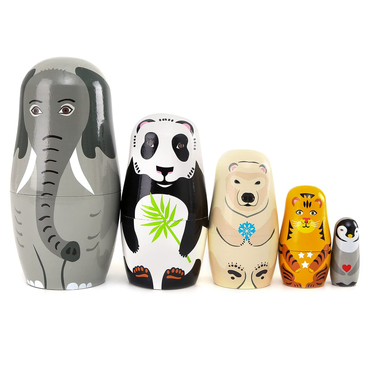 Moonmo 5pcs Handmade Wooden Animal Nesting Dolls - Elephant & Panda, Traditional Russian Matryoshka Gift Moonmo