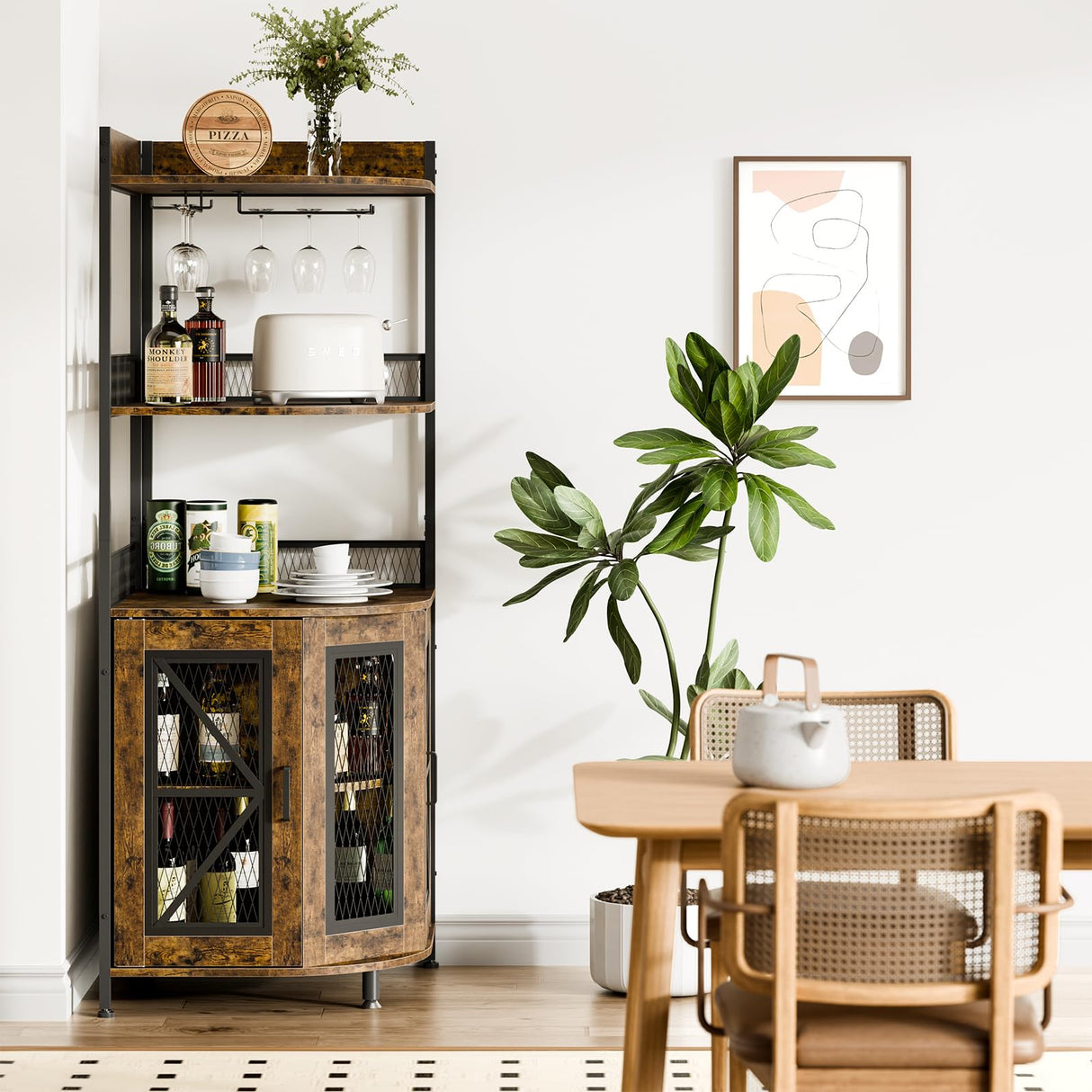 GraveeHome Industrial Corner Bar Cabinet with Power Outlet, 5-Tiers Wine Cabinet with LED Strip and Glass Holder, Multifunctional Liquor Cabinet for Home Bar, Corner Display Storage Cabinet for Home GarveeHome