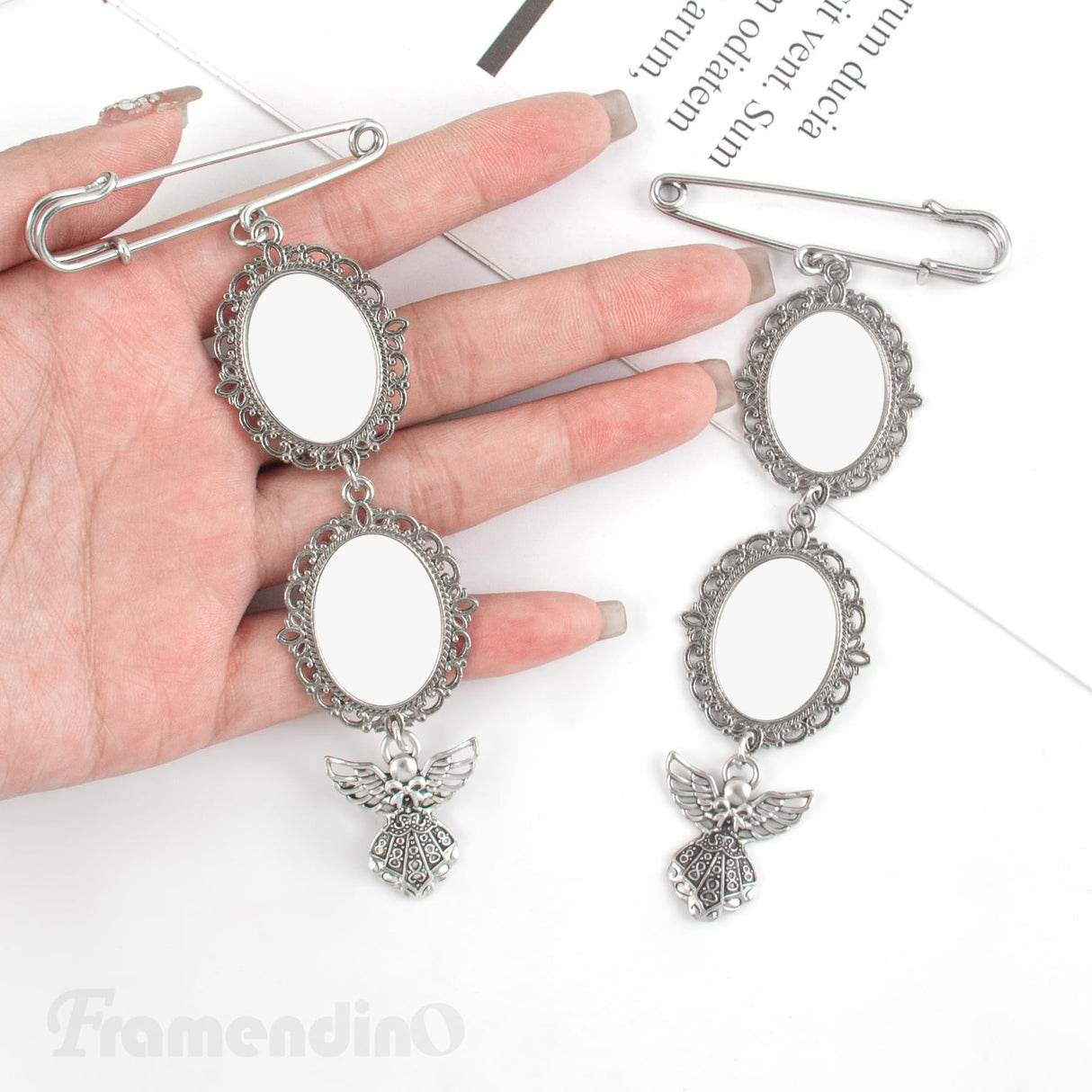 Framendino, 2 Pack Sublimation Blank Bouquet Photo Charms Pin Pouch with Angel Pendant Wedding Memory Bridal Bouquet Picture Charm Clip DIY Jewelry Making 2 Sheet Framendino