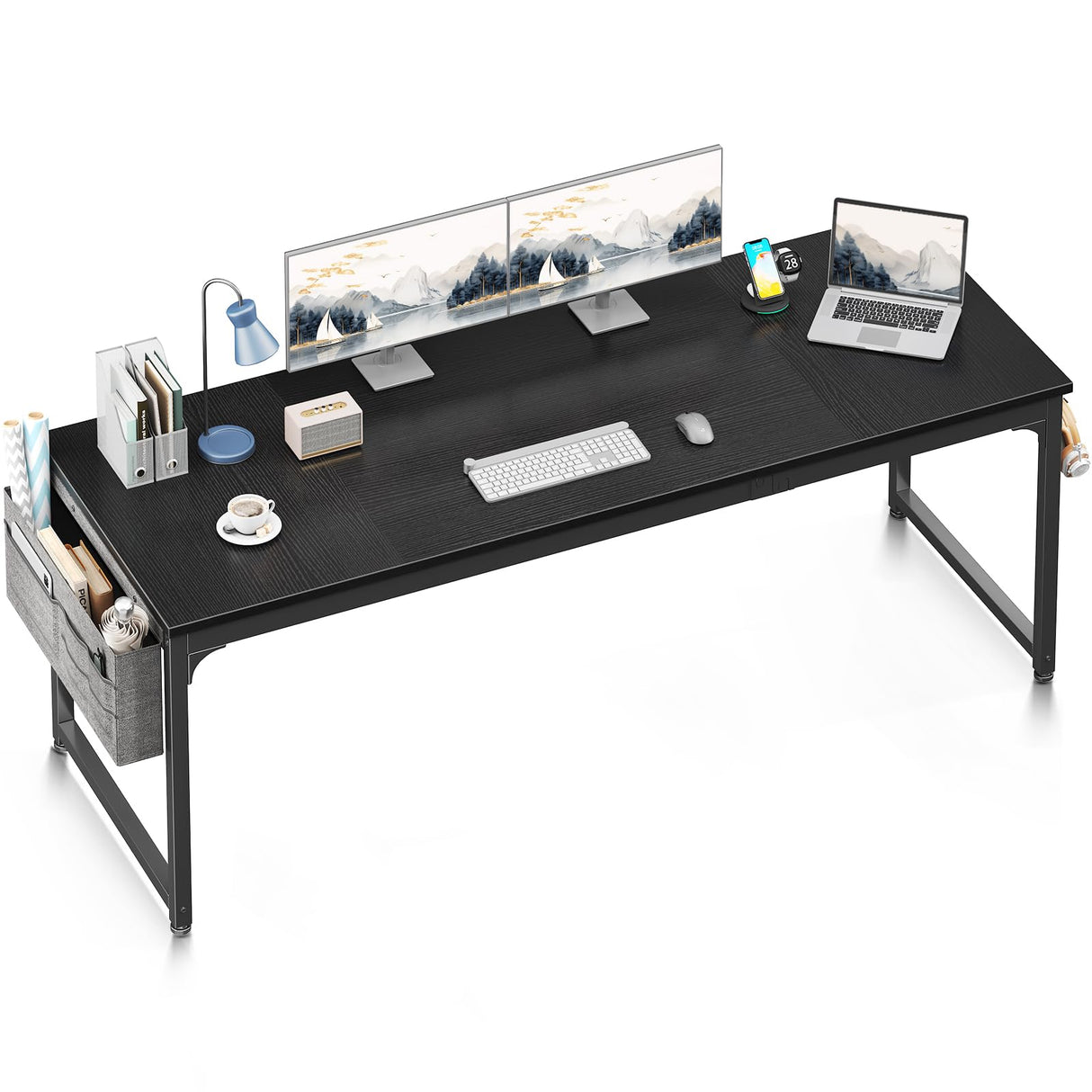 ODK 71 Inch Large Computer Desk Home Office Desk, Long Modern PC Desk Work Table with Headphone Hook & Fabric Bag for Storage, Spliced Board, Black ODK