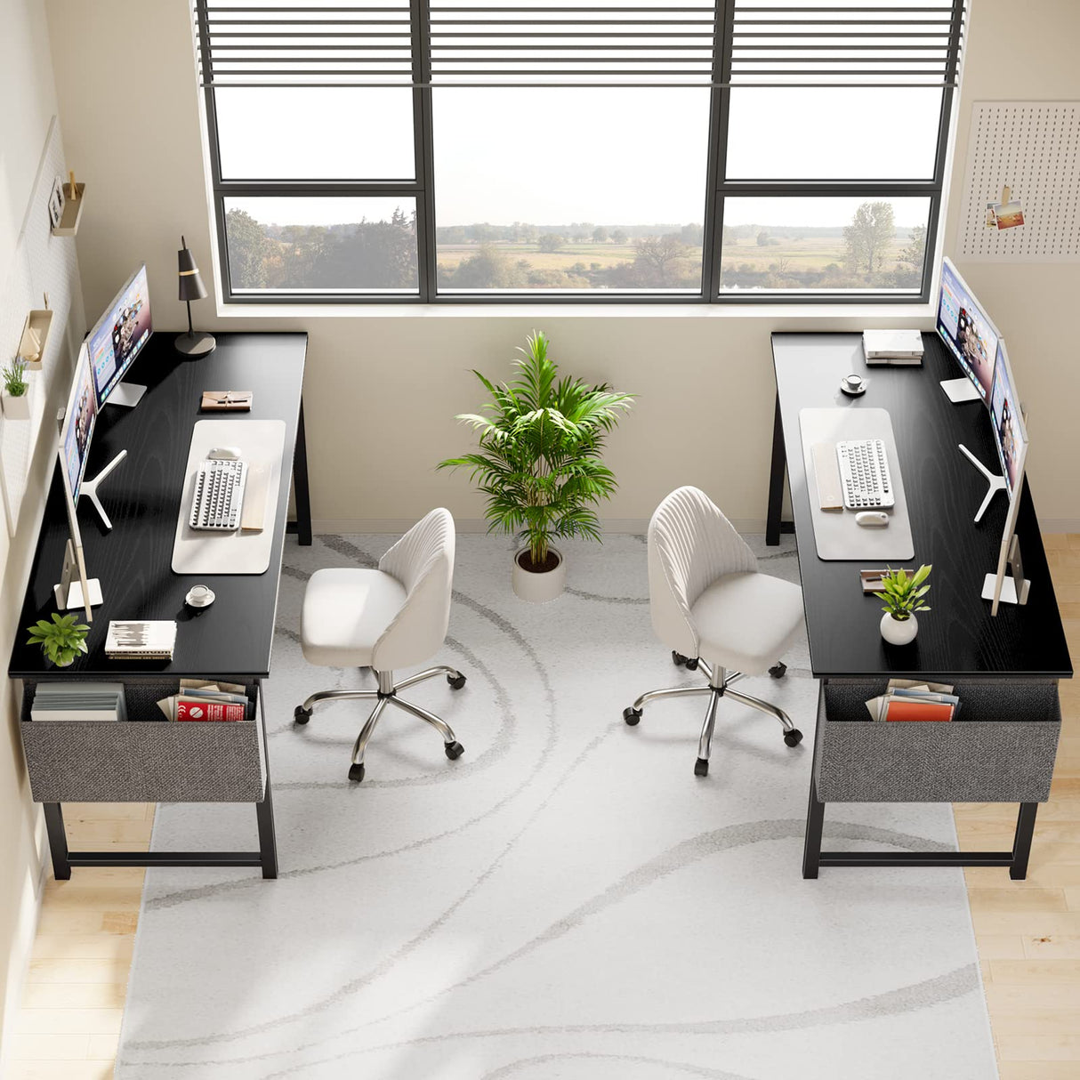 OLIXIS Computer Desk 63 Inch Home Office Work Study Writing Student Kids Bedroom Wood Simple 2 Person PC Table with Storage Bag & Headphone Hooks, Modern Black OLIXIS