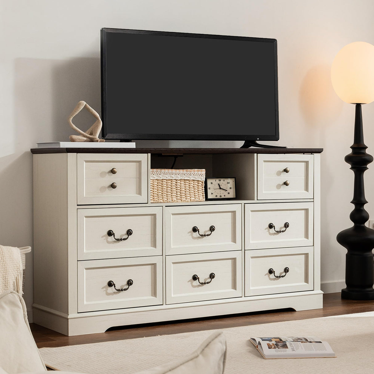 Homkdom White Dresser for Bedroom with Charging Station & Led Lights,55.02" TV Stand with 8 Drawers,Dressers & Chests of Drawers with Open Shelves,Hallway 55.02" W x 34.53" H x 15.77" D White Homkdom