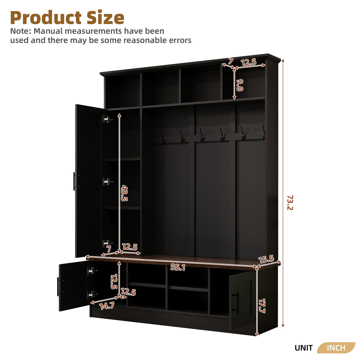 SIYSNKSI Versatile 3-in-1 Hall Tree with 6 Hooks, Farmhouse Walnut Storage Bench with Adjustable Shelves, 55" W Entryway Coat Rack with Multiple Storage Space for Mudroom, Living Room (Black-7) SIYSNKSI