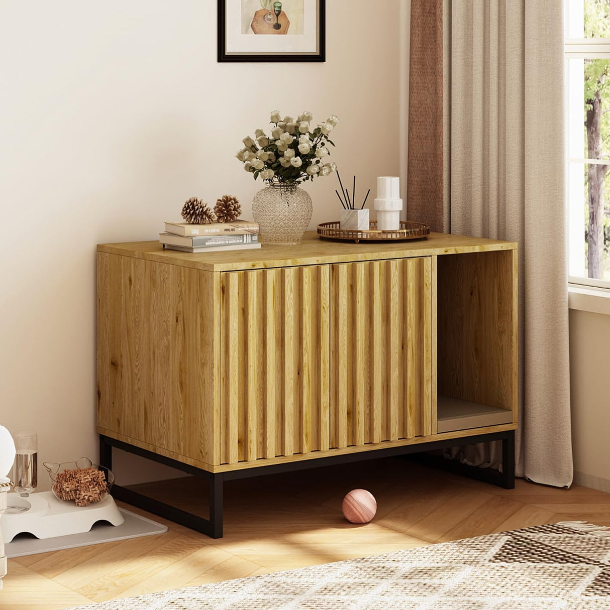 Fienveorn Litter Box Enclosure,Modern Cat Litter Box Enclosure Furniture Hidden Litter Box with Cat Scratch Pad, Cat Washroom Cat House End Table, Entryway Bench for Livingroom (Natural) Halitaa