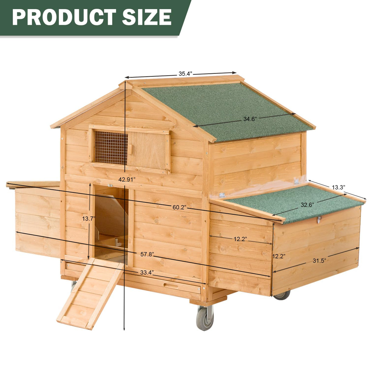 Large Chicken Coop with Wheels,Mobile Hen House for 6-8 Chicken,Portable Chicken House with Nesting Box,Wooden Poultry Cage,Waterproof Rabbit Cage,Duck Coop ECOLINEAR