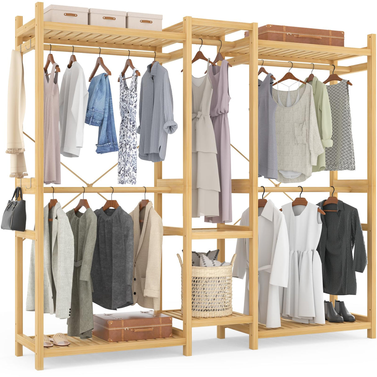 Homykic Bamboo Closet System Clothes Rack, Large Freestanding Garment Rack Clothing Rack for Hanging Clothes with 7 Storage Shelves and 5 Rods, Open Wardrobe Organizer with 4 Hooks, Natural Homykic