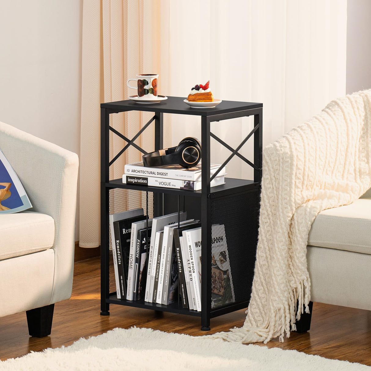 LELELINKY 3 Tier End Table, Side Table with Display Shelf, Black Vinyl Record Player Stand with Albums Storage, Industrial Sofa Bedside Table Night Stand for Living Room Bedroom Small Spaces LELELINKY