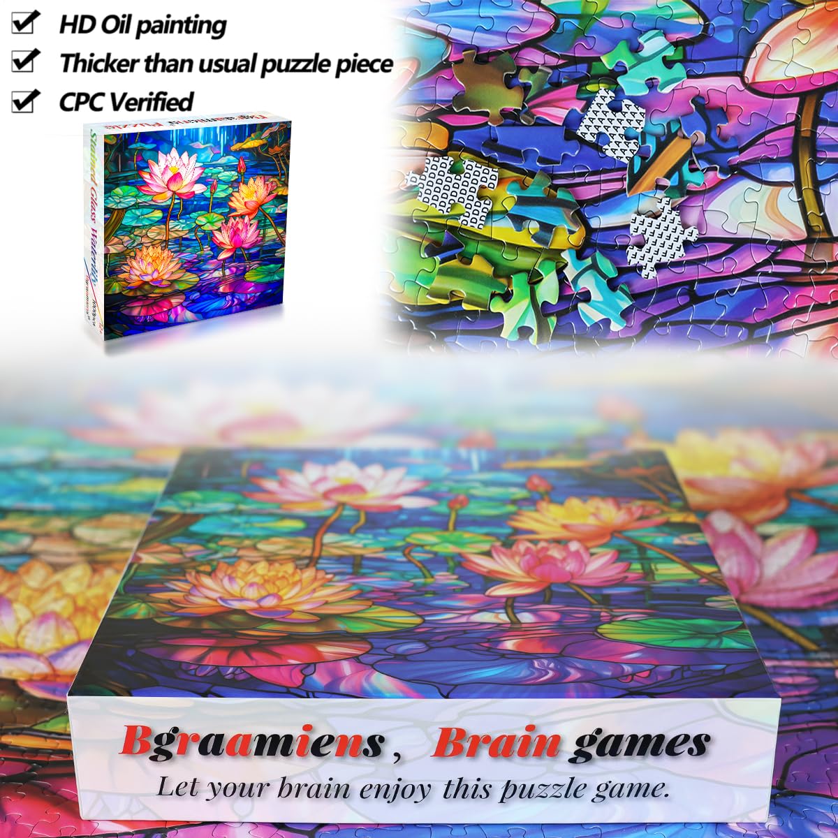 Bgraamiens Puzzle-Stained Glass Waterlily-1000 Pieces Stained Glass Puzzle for Adults, Stained Glass Art Puzzle with Flowers, Impossible Puzzle Color Challenge Puzzle for Adults Bgraamiens