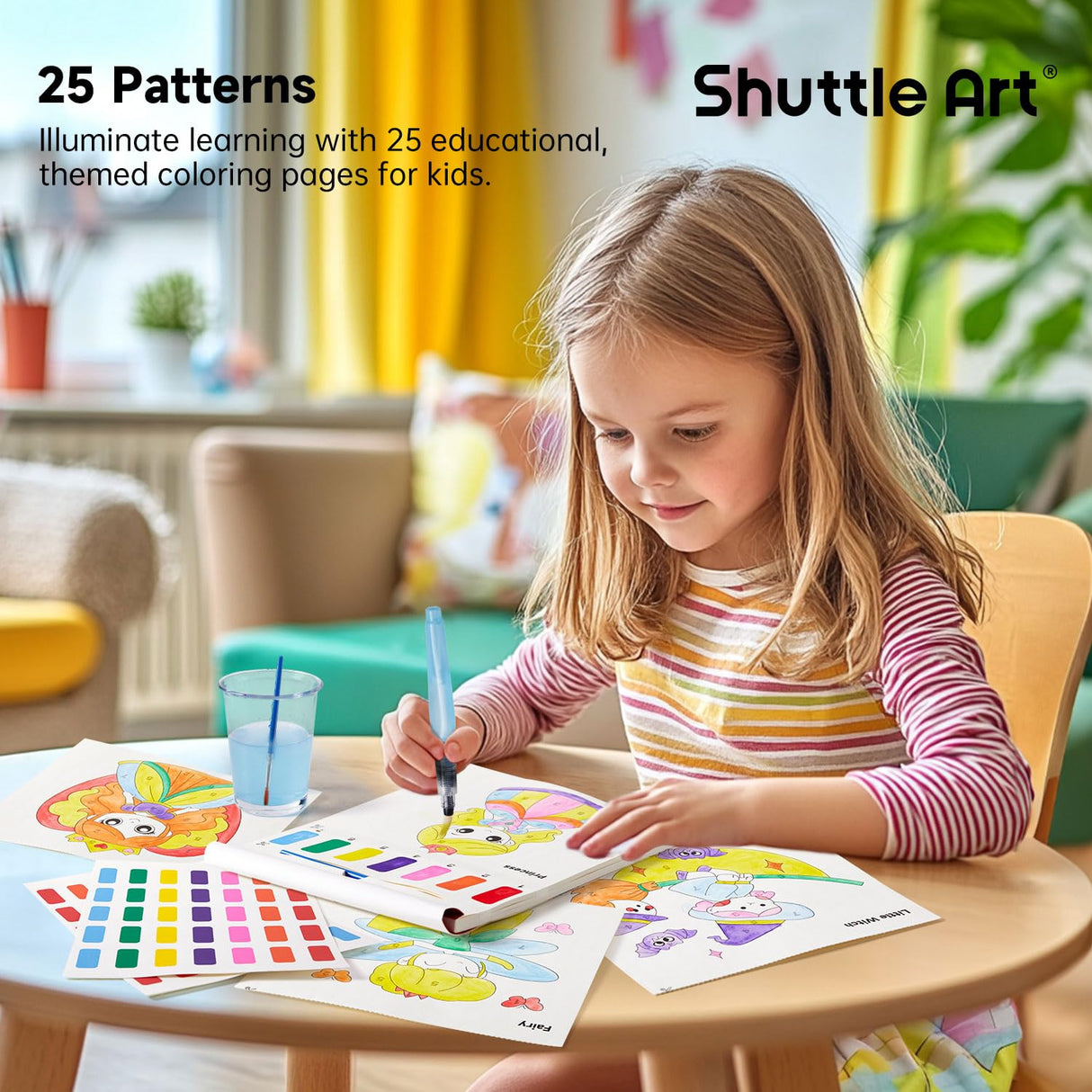 Shuttle Art Paint with Water Coloring Book for Kids, 25 Princess Themed Pages with 2 Brushes, Mess-Free Watercolor Paint Set, Travel-Friendly Art Craft Gift for Toddlers, Birthday Christmas Gift Shuttle Art