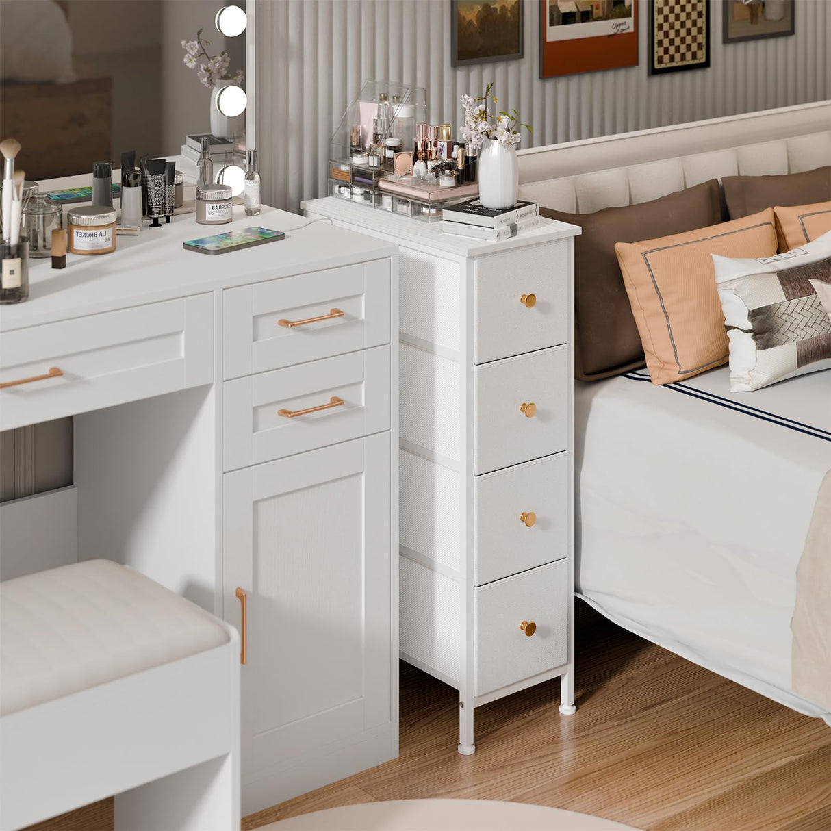 Fixwal Narrow Storage Cabinet, Dresser with 4 Drawers, Slim Fabric Dresser Storage Tower for Small Spaces, White Dresser with Steel Frame, Wood Top, for Bedroom, Bathroom, Living Room, Laundry, Closet Fixwal