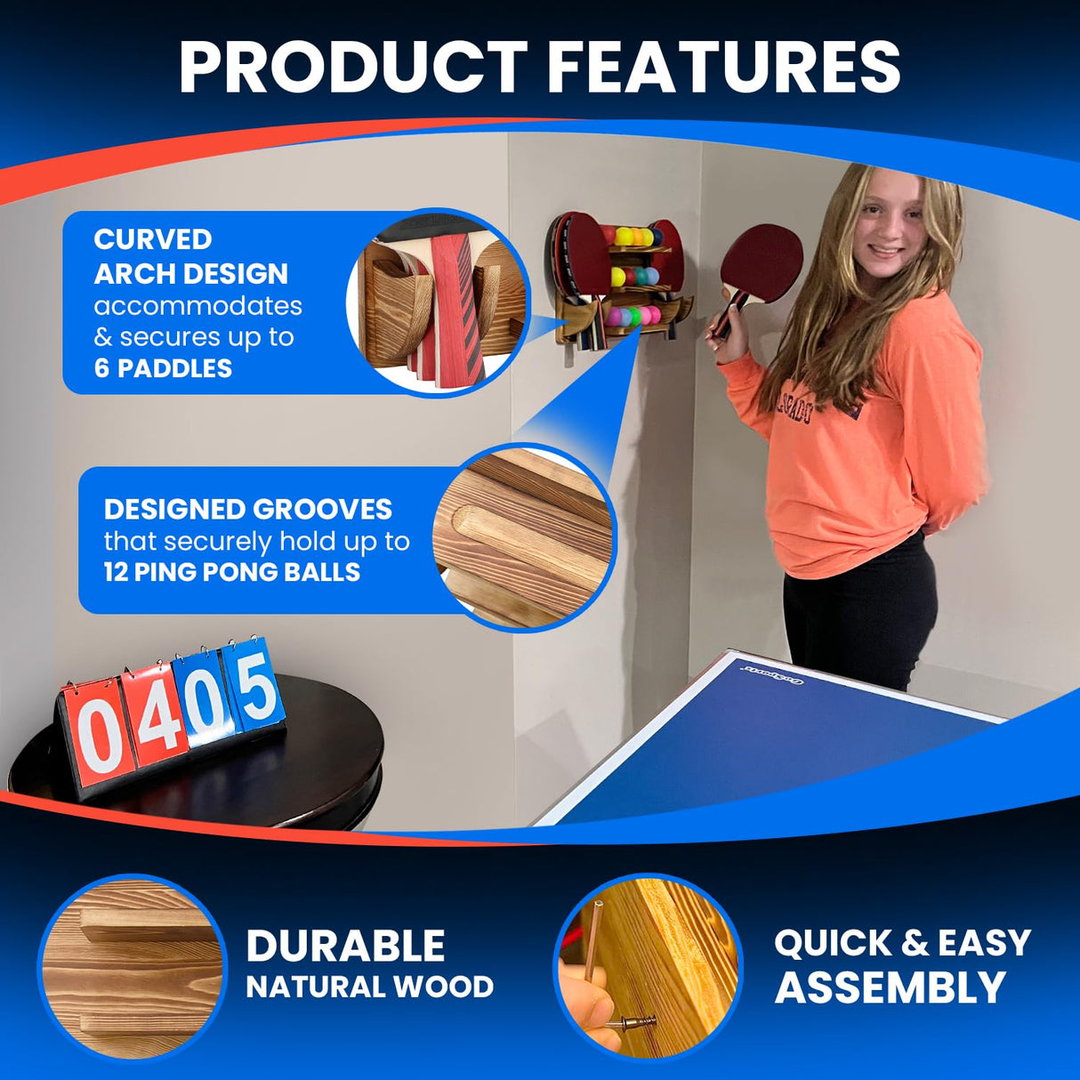 WAKUBON Ping Pong Paddle Holder Wall Mount Storage Rack - Table Tennis Racket Display Accessories Organizer - Holds 6 Paddles and 12 Balls - with Flip Scoreboard WAKUBON