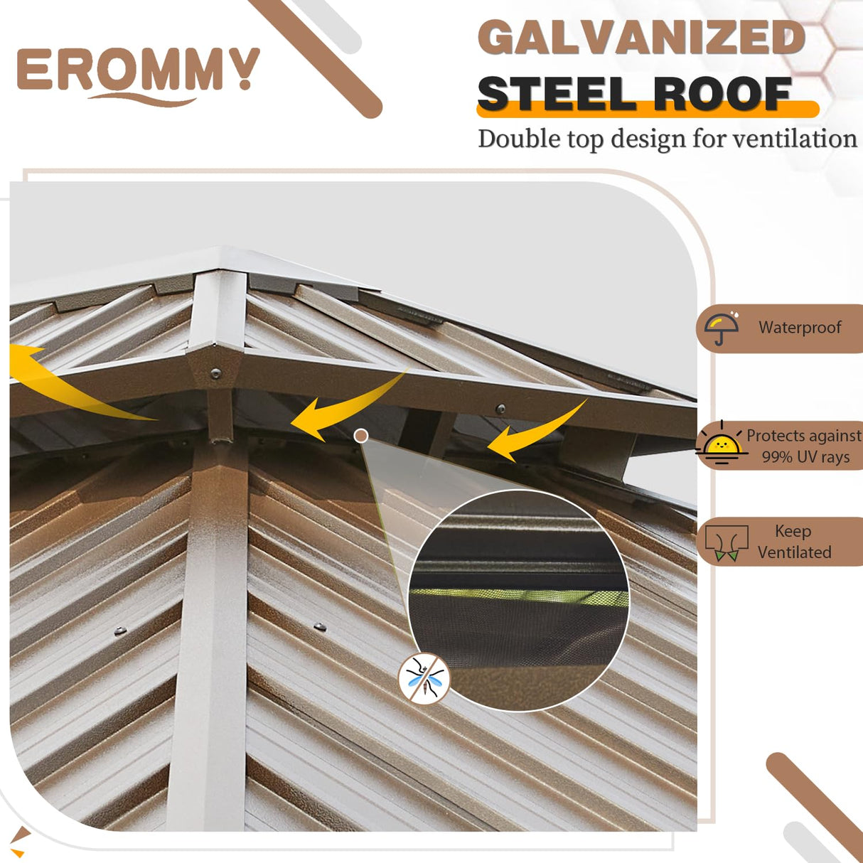 EROMMY 12'x18' Gazebo Double Hardtop Roof Galvanized Steel Canopy Outdoor Aluminum Frame Permanent Metal Pavilion with Netting and Curtains for Patio Backyard Deck and Lawns EROMMY