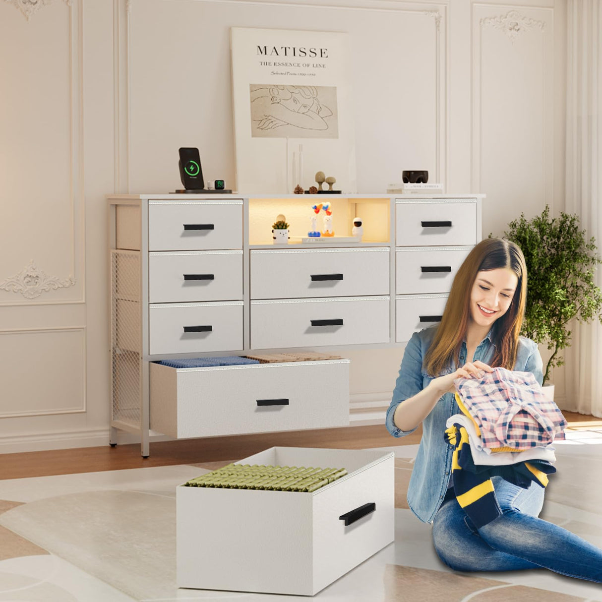 Harpaq White Dresser for Bedroom with 10 Drawers, Dresser with Charging Station, TV Stand Dresser with LED Light for 55" TV, Fabric Drawer Dresser with PU Finish, Chest Dresser for Bedroom, Closet Harpaq