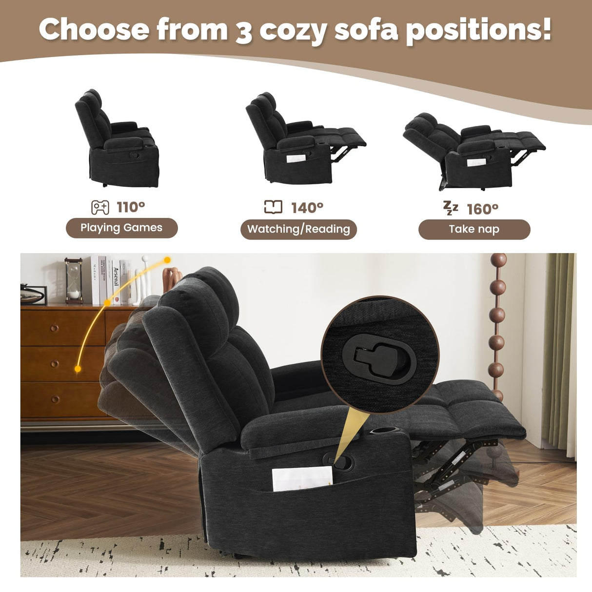 PALLOME Manual Reclining Loveseat Sofa, 2-Seater Recliner Couch with Cup Holders, Fabric Reclining Sofa for Living Room/RV (Black) PALLOME