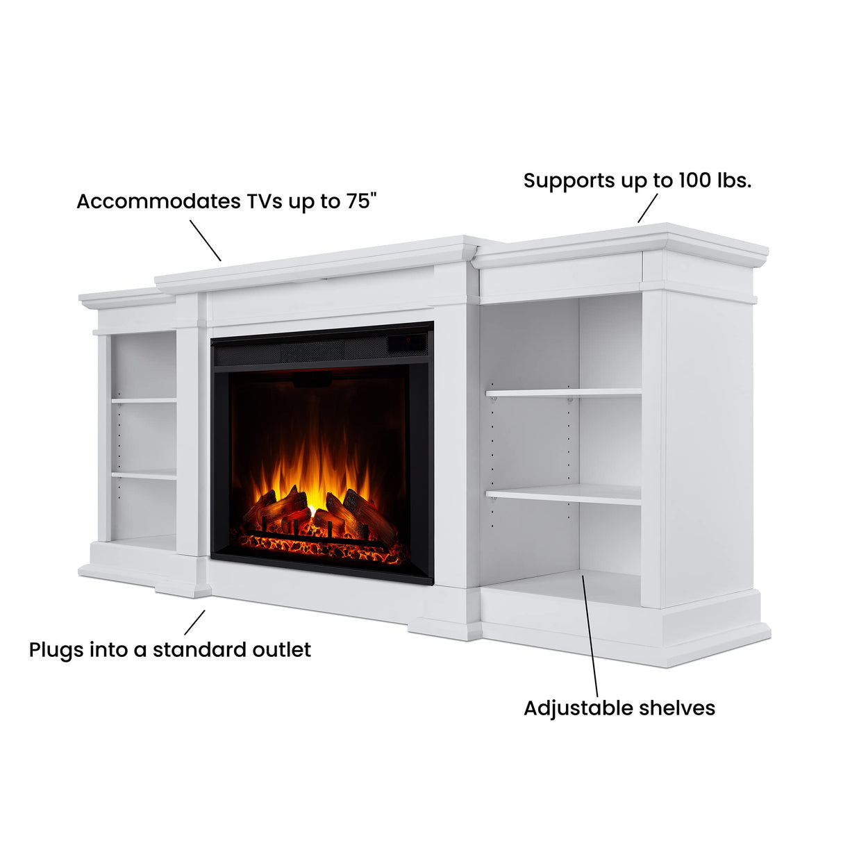Real Flame Eliot 81" Grand Electric Fireplace TV Stand in White for TVs up to 80 inches, Entertainment Center with Adjustable Shelves and Storage, TV Stand for Living Room and Bedroom, Remote Control Real Flame
