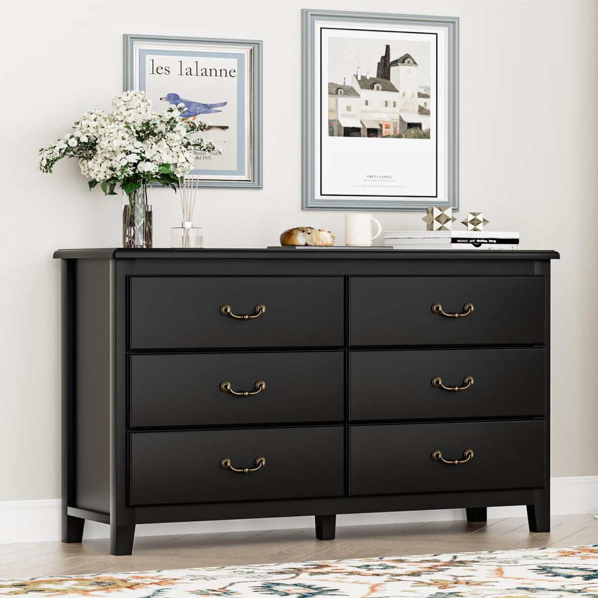 HOUROM Black Dresser for Bedroom, Modern Farmhouse Style 6 Drawer Double Dresser with Vintage Gold Antique Pulls, Dresser and Chest of Drawers, Hallway 6 Drawer Dresser, Antique Black HOUROM