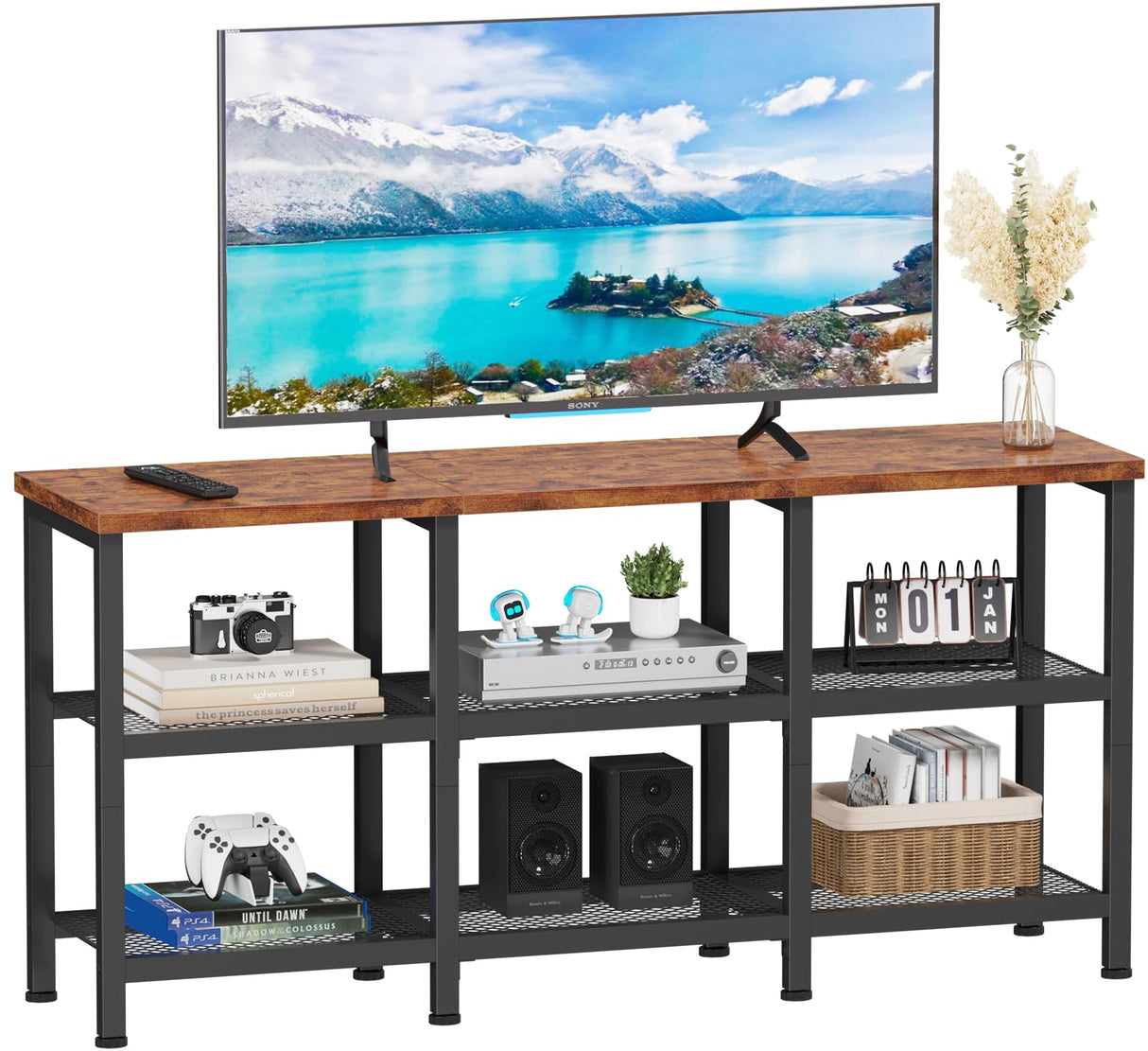 Furologee TV Stand, Small TV Console Table with 3-Tier Storage Shelves, Industrial Media Entertainment Center for TVs up to 50 Inch, Television Stands for Living Room, Bedroom, Rustic Brown Furologee