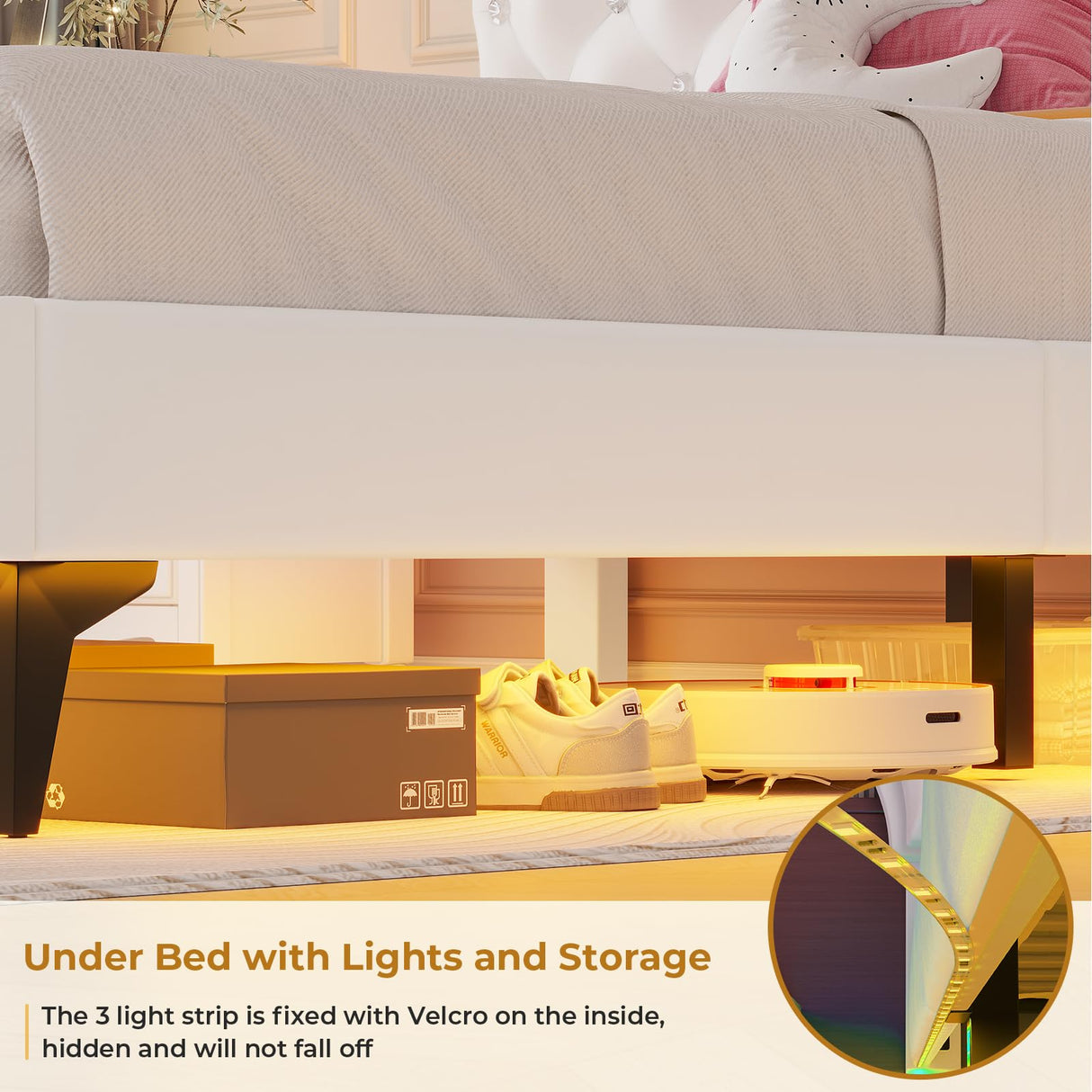ADORNEVE Full Bed Frame with RGB LED Lights, Princess Bed Frame with Adjustable Crystal Button Headboard, Velvet Upholstered Platform Bed for Girls, Solid Wooden Slats, Easy Assembly, Creamy White ADORNEVE
