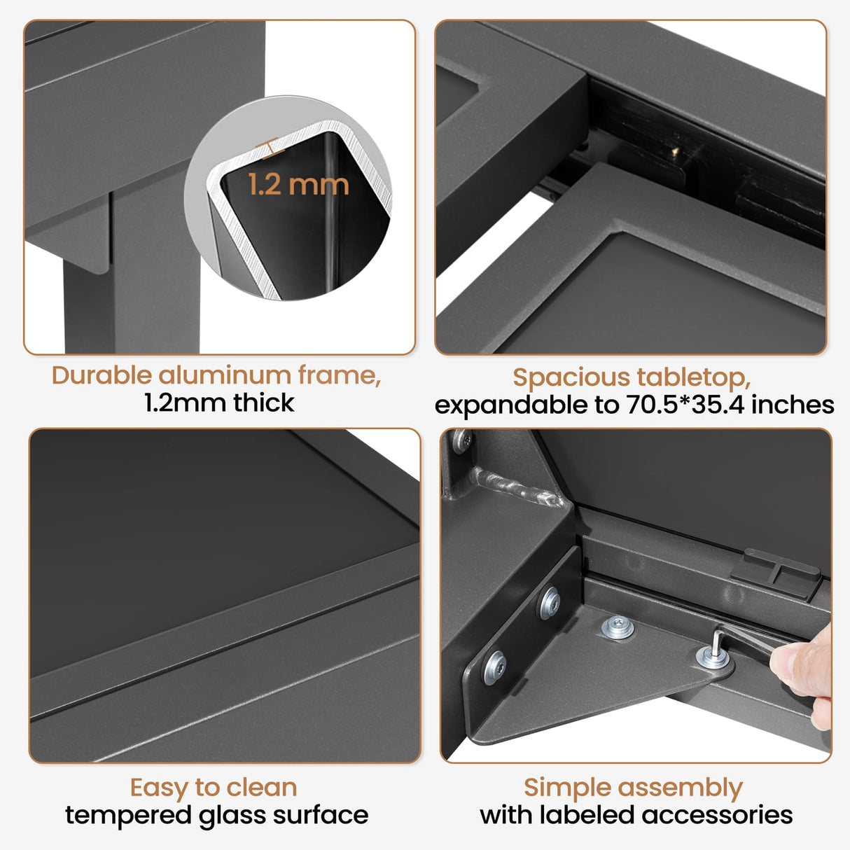 PATIOHIT Modern Aluminum Outdoor Dining Table - Expandable Patio Glass Dining Table for 6-8, Extendable Aluminum Patio Extender Table 35" to 70" for Backyard, Porch, Deck, Garden - Dark Grey PATIOHIT