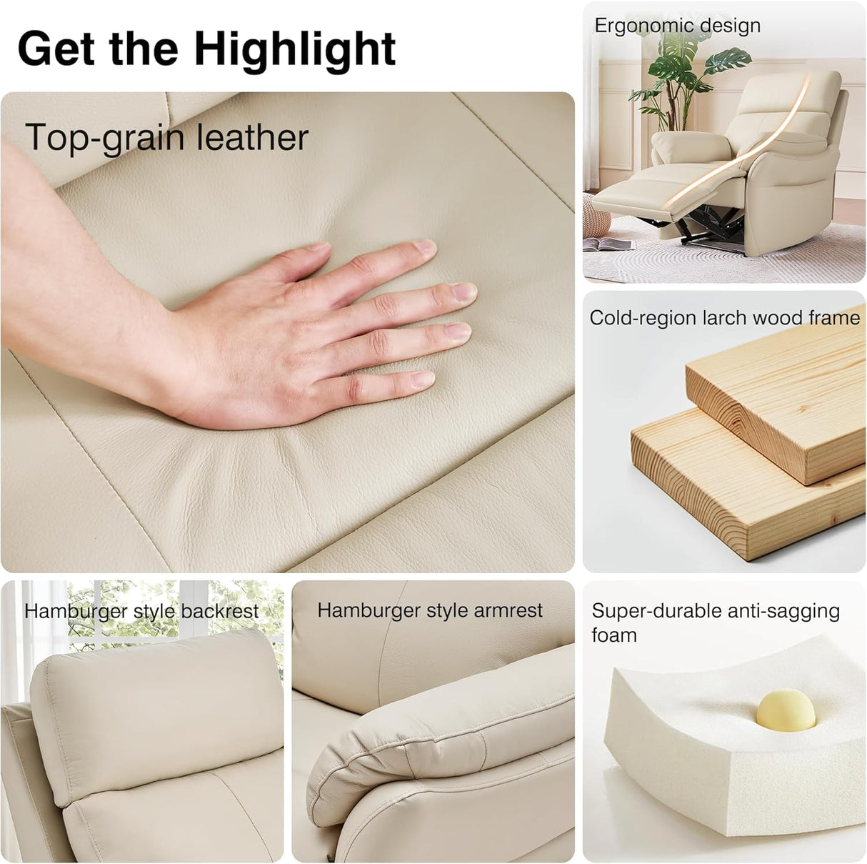 AIRSKY Genuine Leather Recliner Chair, Top Grain Leather, Italian Water-Washing Process, Lazy boy Recliner Chair, for Living Room, Theater Seating, Bedroom. R1, Beige AIRSKY