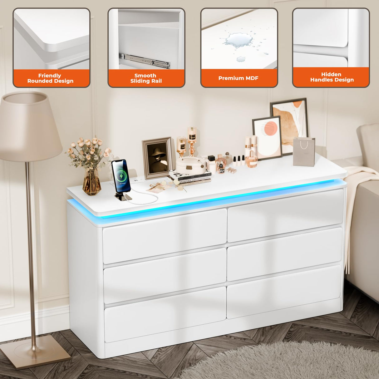 Gyfimoie 6 Drawer White Dresser for Bedroom, 47.2" Long Chest of Drawers with Charging Station & LED Lights, Double Wooden Storage Cabinet Dresser for Closet,Modern TV Stand with Deep Drawers Gyfimoie