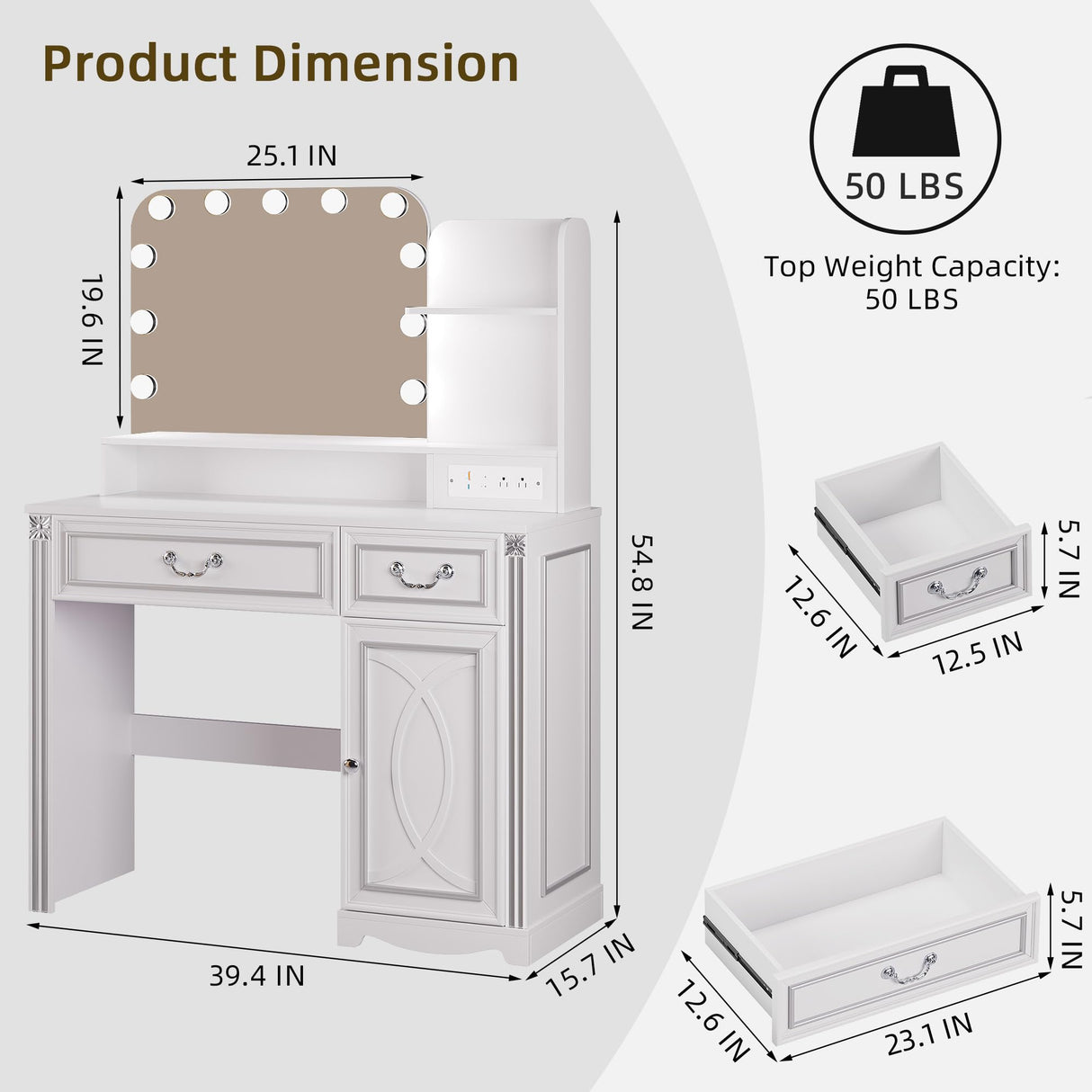 Ylued Vanity Desk with Mirror and Lights Power Outlet, 39 inch Makeup Vanity with Charging Station, Mid-Century Modern Dressing Table with 2 Drawers for Bedroom, White Ylued