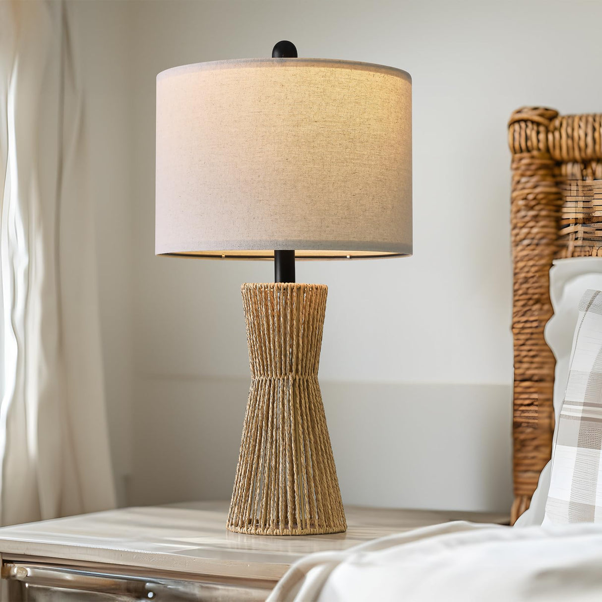 OYEARS 22.5" Table Lamps for Living Room,Boho Lamps Set of 2 for Bedrooms, Bedside Lamp for Nightstands, Rattan Lamp, Farmhouse Table Lamp for Room Decor, End Table, Retro, Brown(Not Include Bulbs) OYEARS